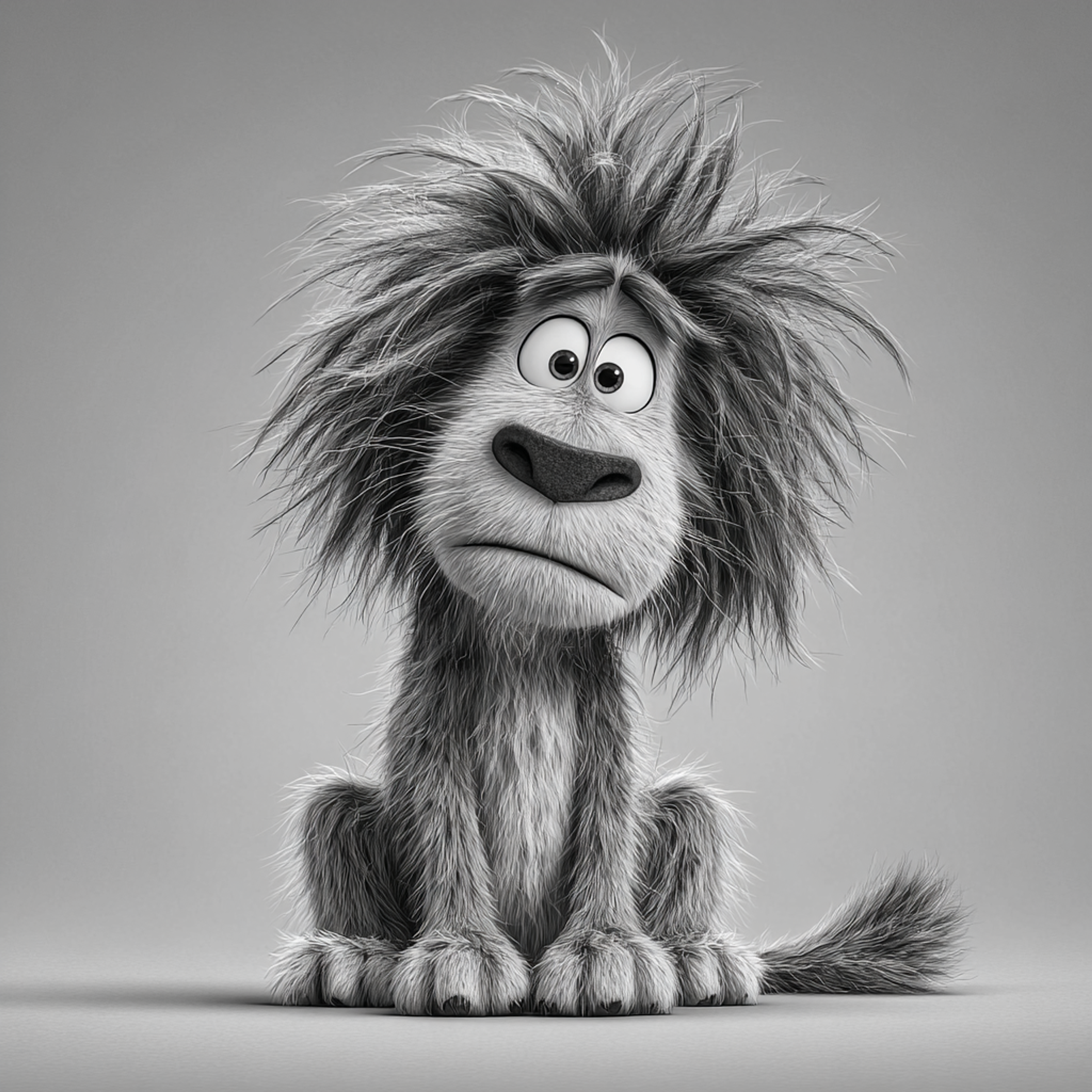 Black and White Shaggy Lion Cartoon Portrait