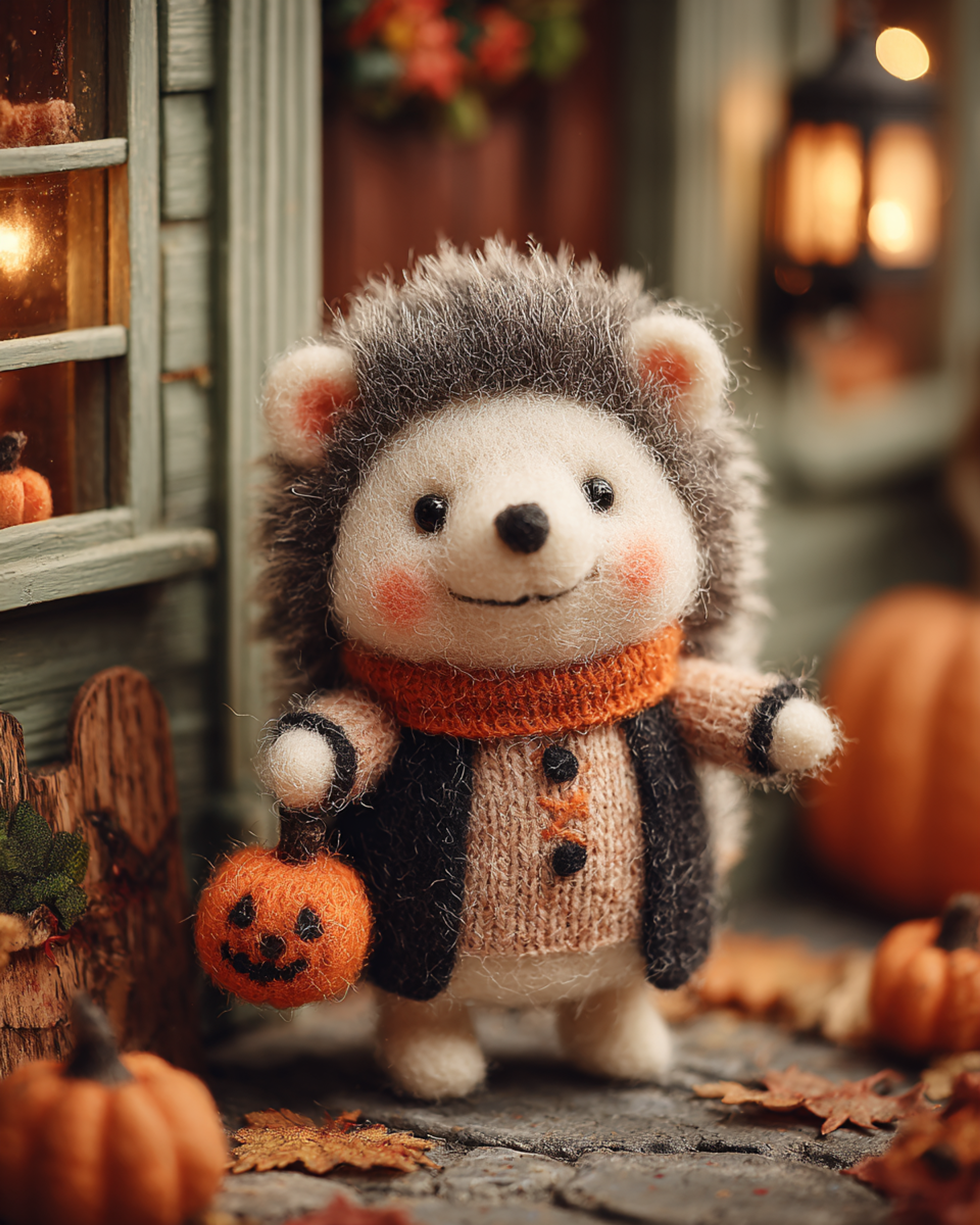 Tiny Halloween Felt Hedgehog Porch Scene