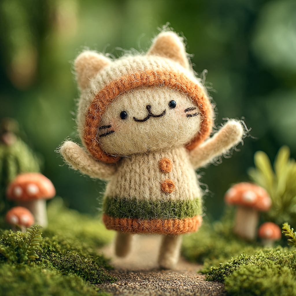 Charming Wool Figure of Baby Kitten Diorama