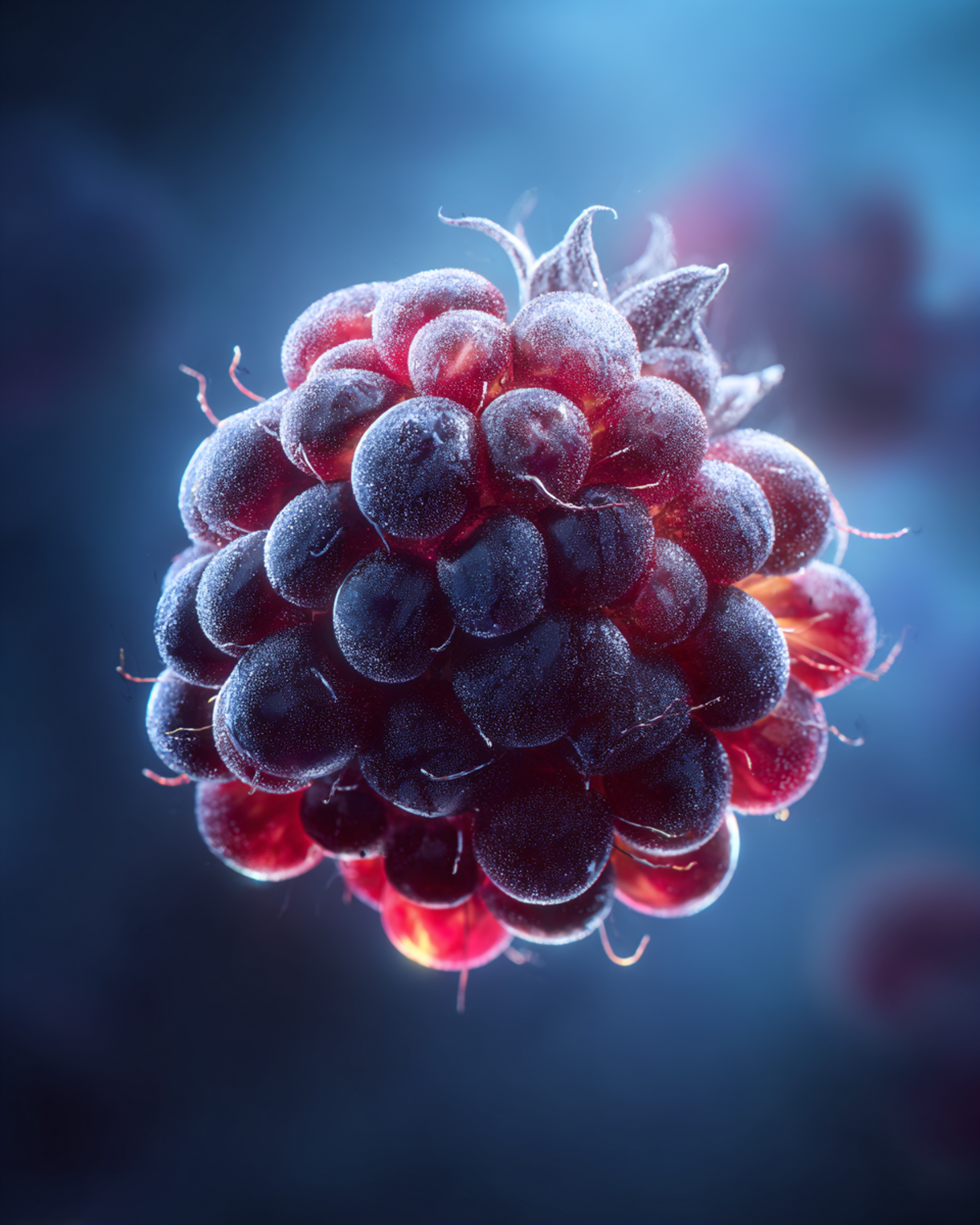 Hyperrealistic Frost-covered Blackberry Cluster Macro Portrait