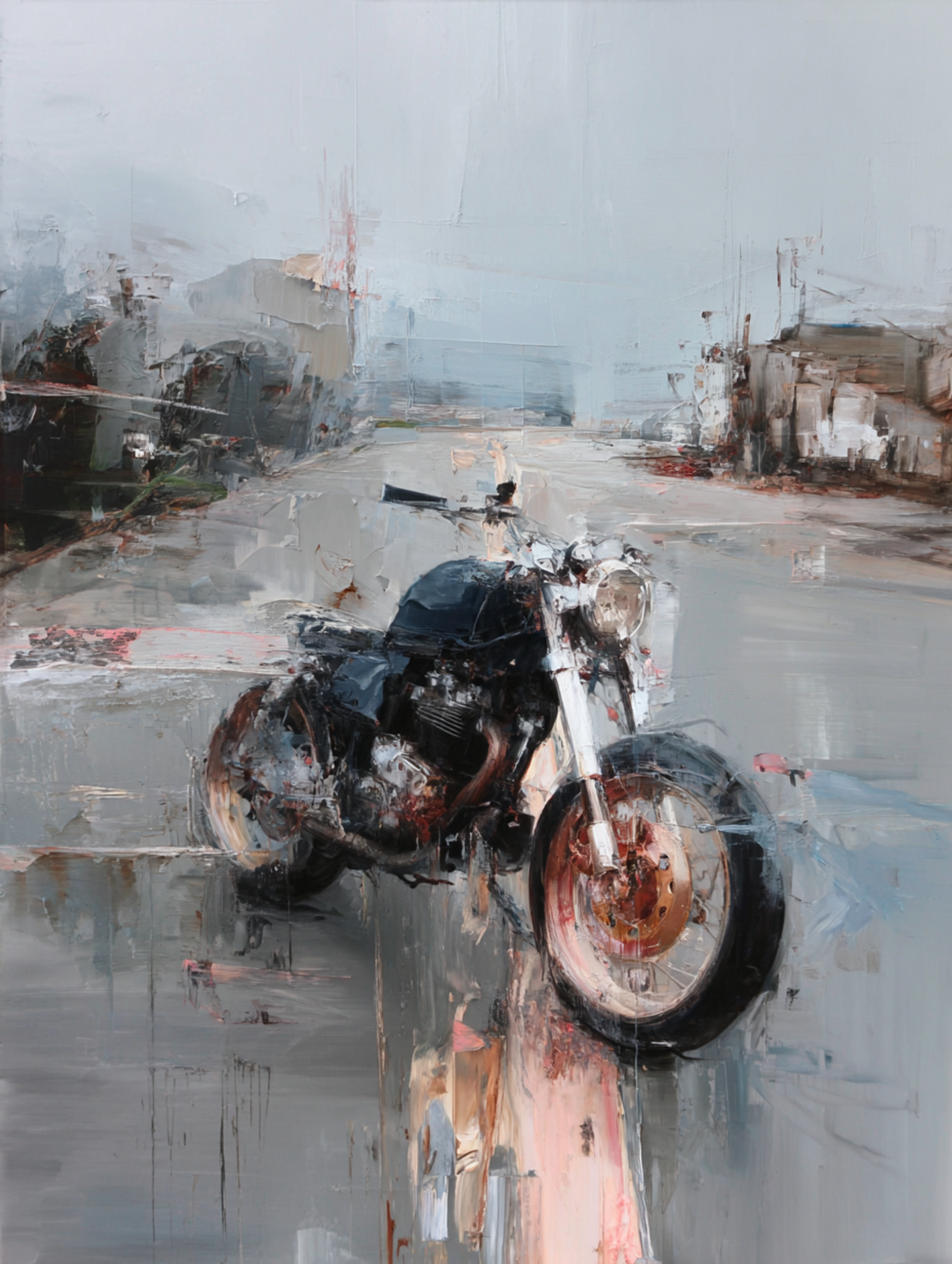 Expressive Oil Vintage Motorcycle Parked on a Quiet Road Painting