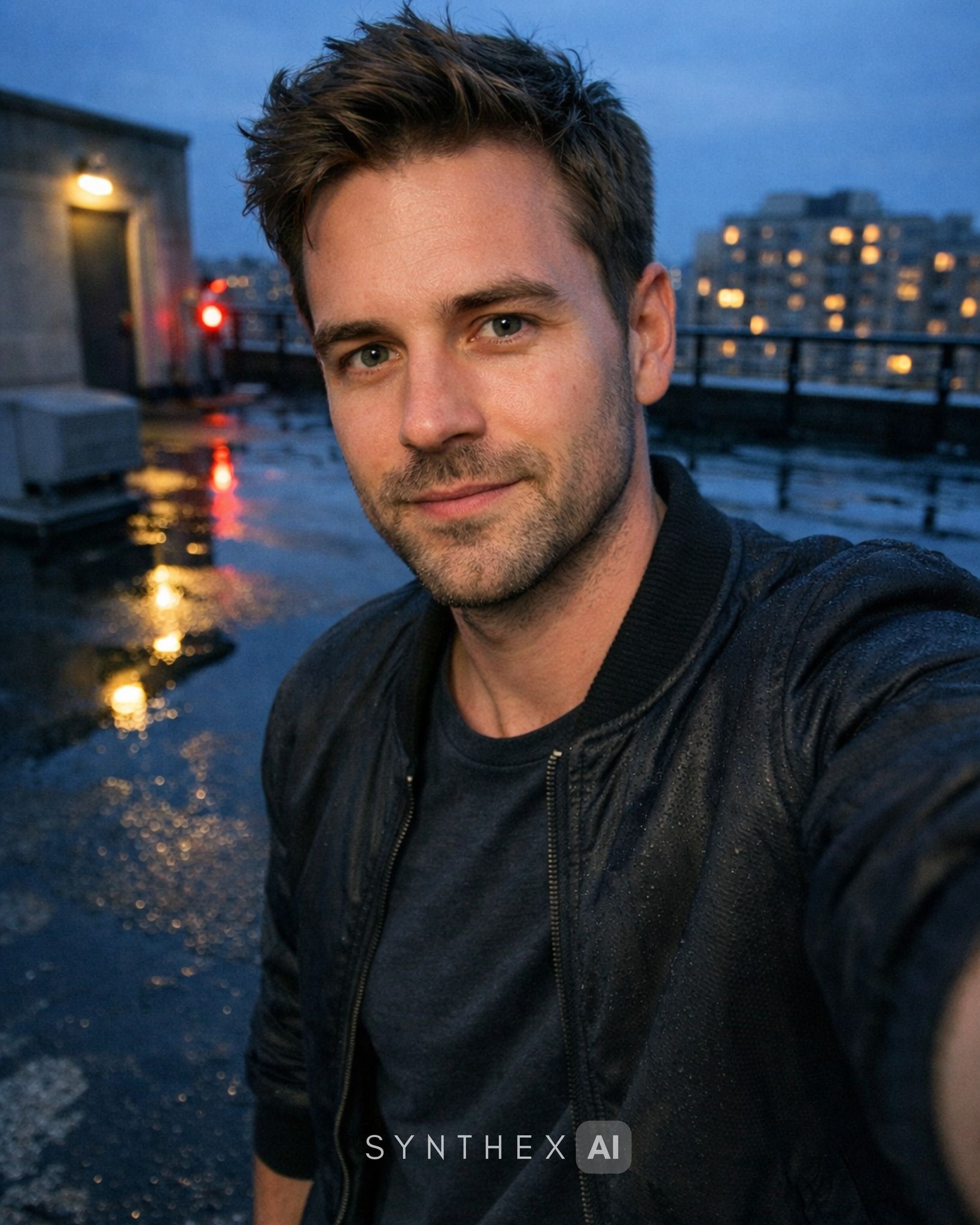 Generate Rainy Rooftop Blue Hour Selfies