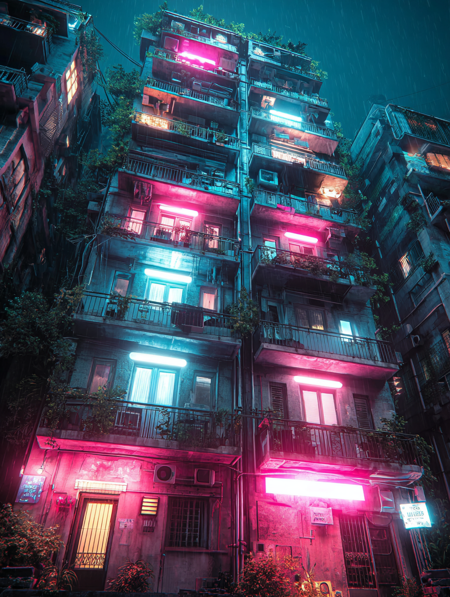 Cinematic Cyberpunk Facade of a Brutalist Apartment Block Scene