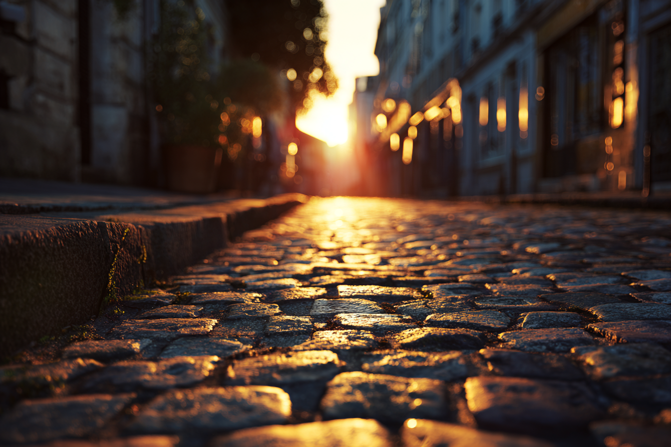 Golden Hour European Cobblestone Street Photo