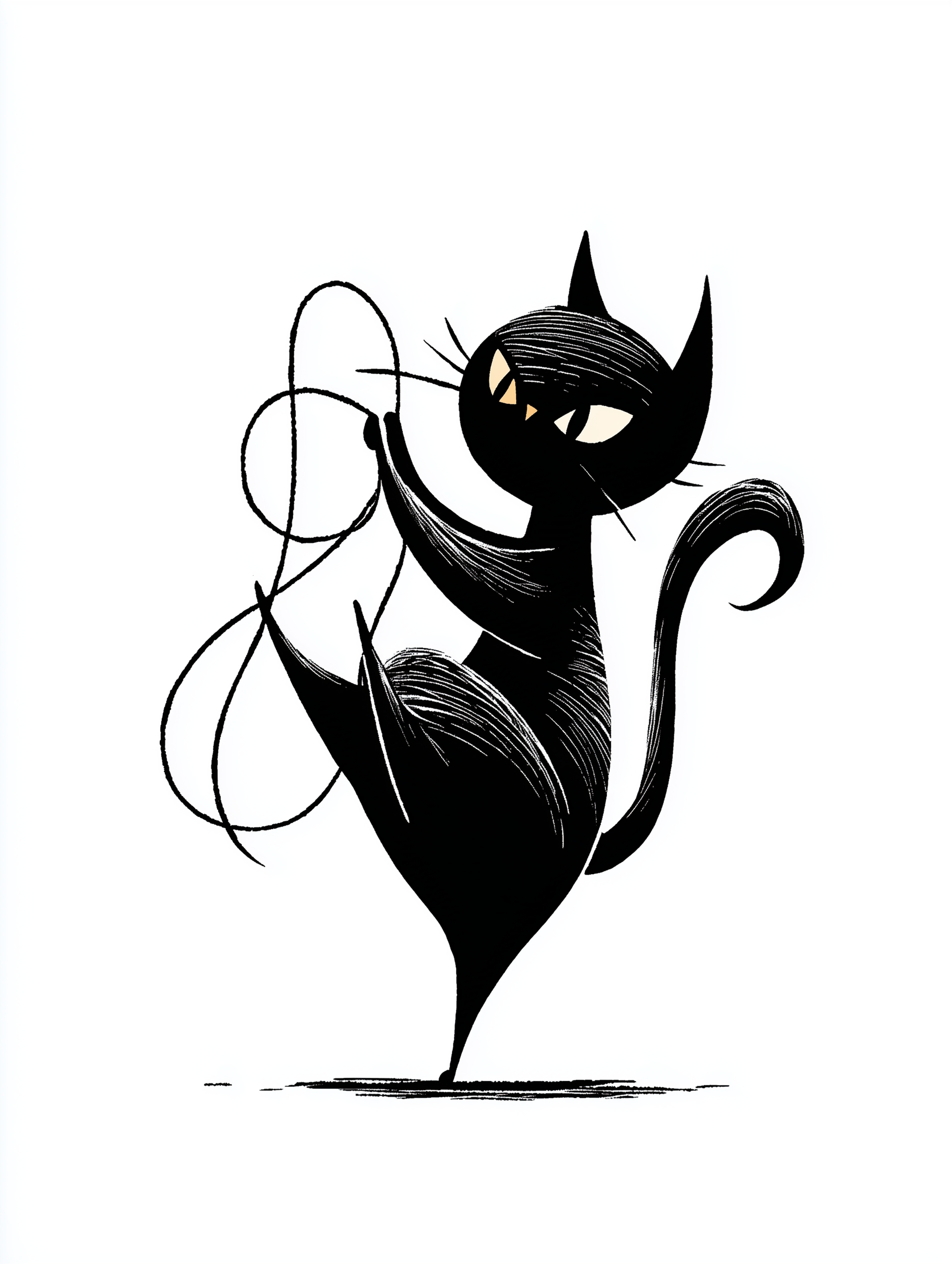Bold Graphic Cat Playing with Yarn Illustration
