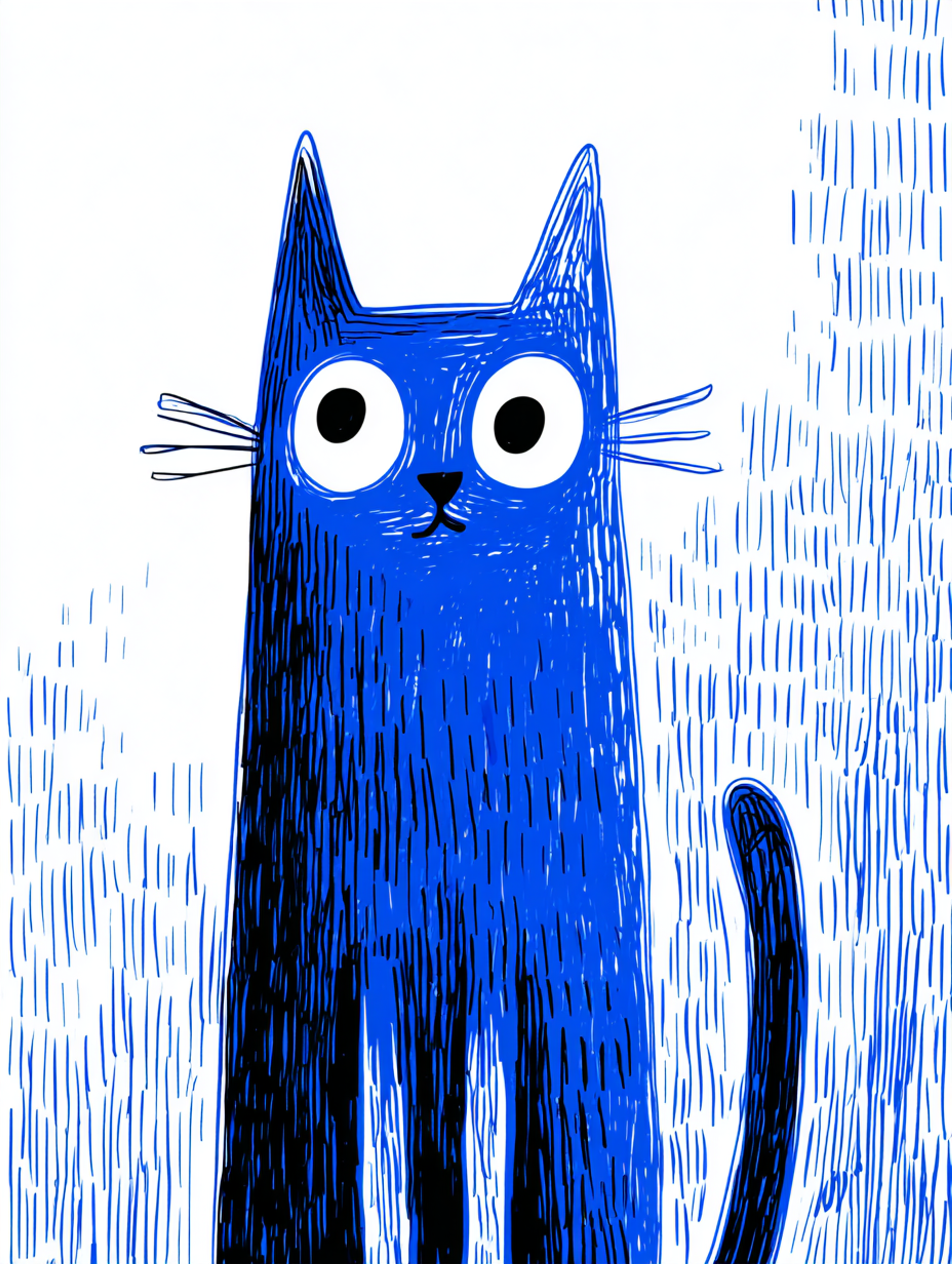 Naive Blue Ink Curious Cat Doodle