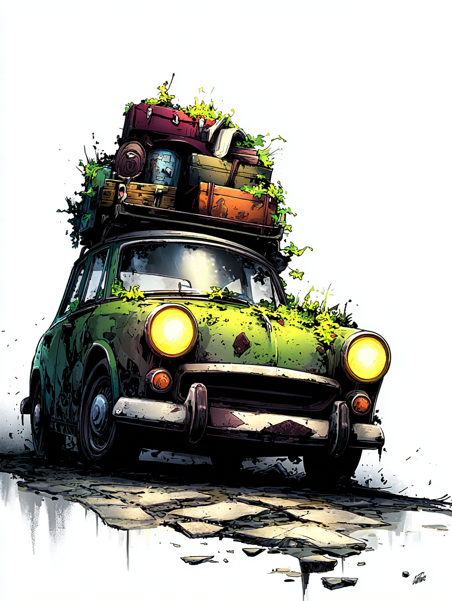 Textured Folk Car Illustration