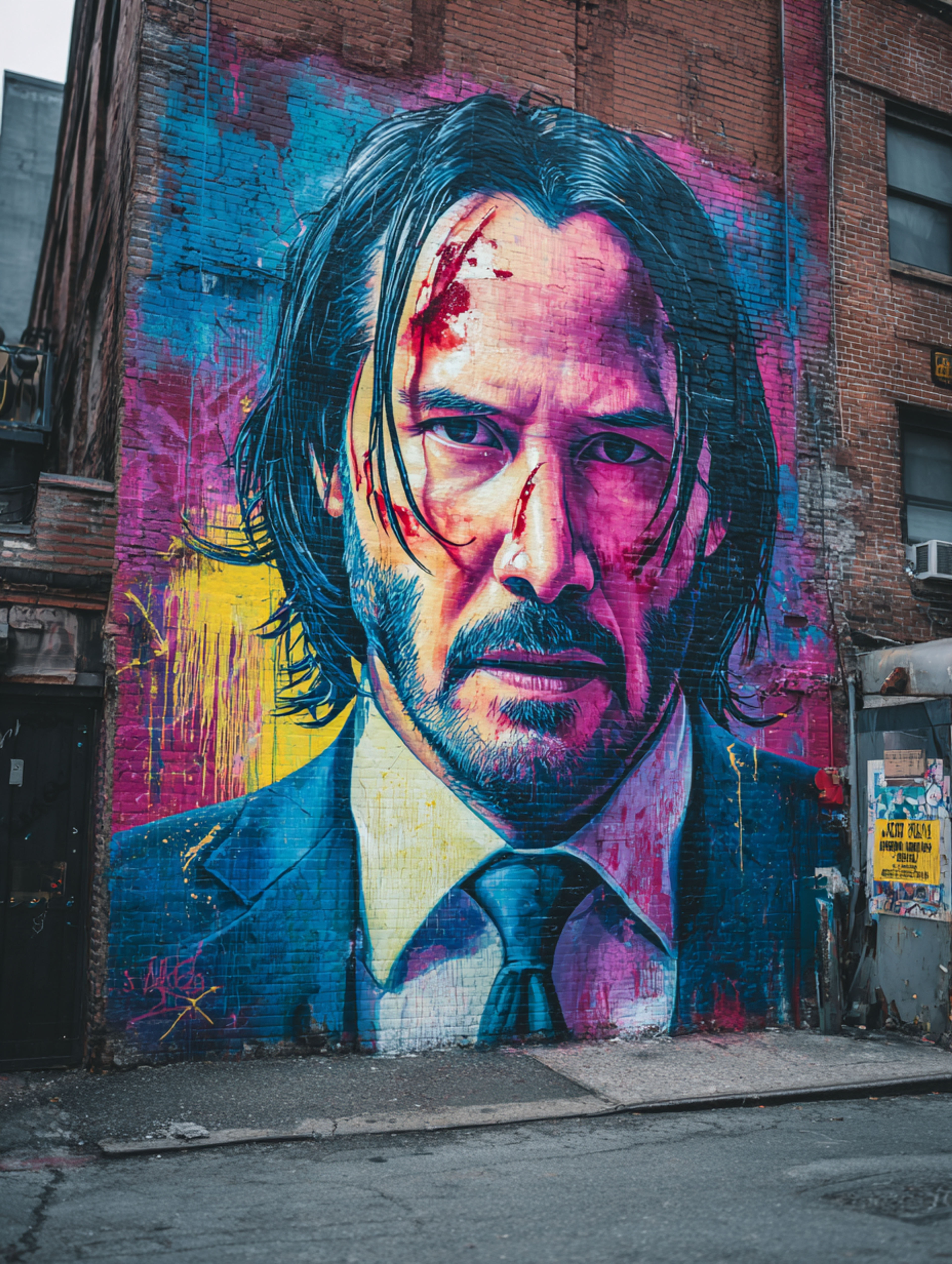 Photorealistic Keanu Reeves as John Wick Graffiti Mural
