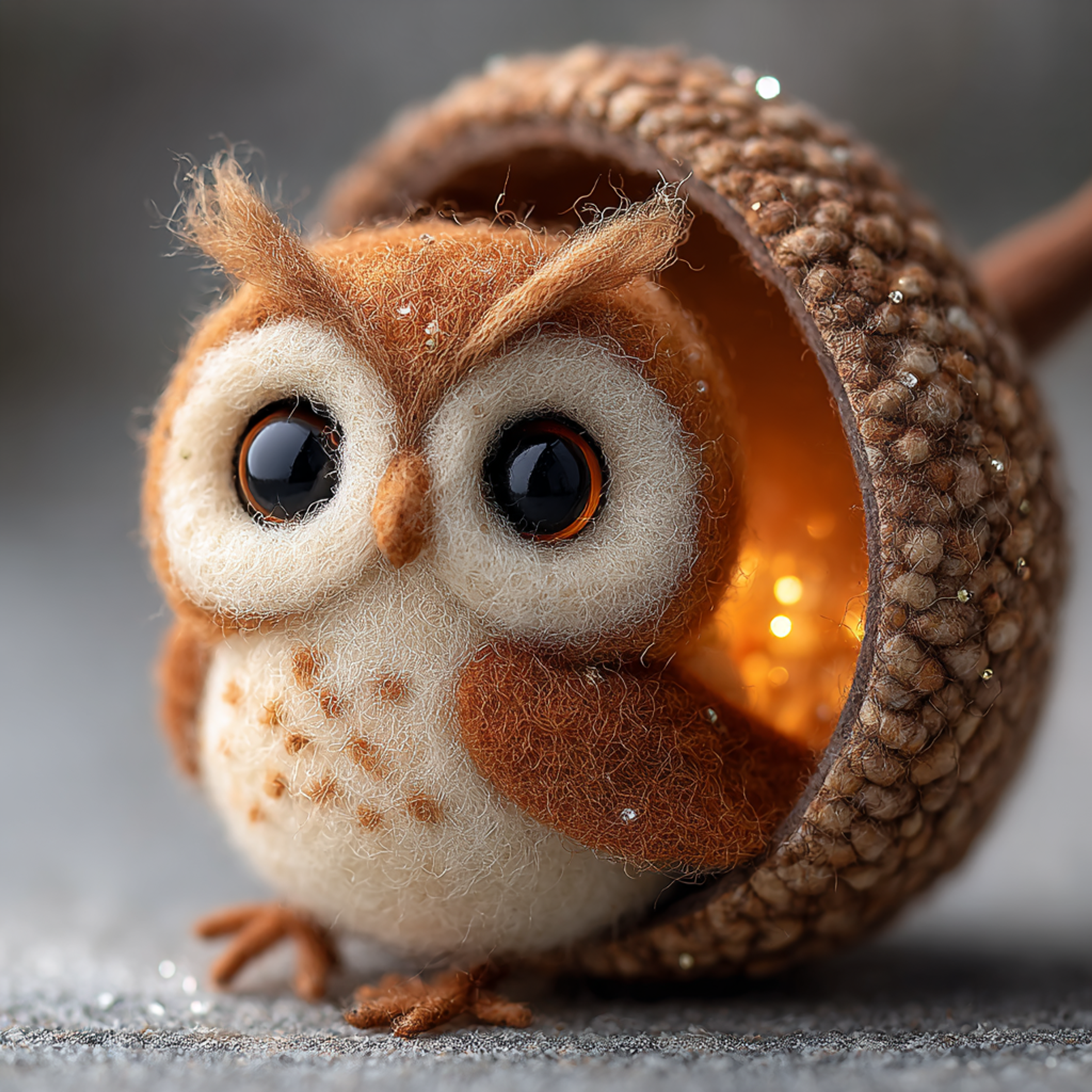 Tiny Felted Owl Acorn Diorama