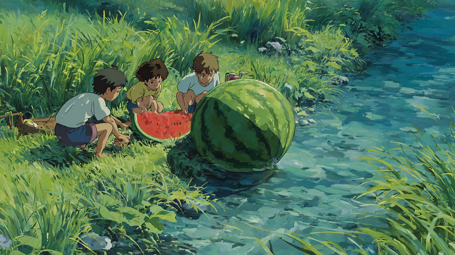 Ghibli Style Summer Watermelon Anime Scene
