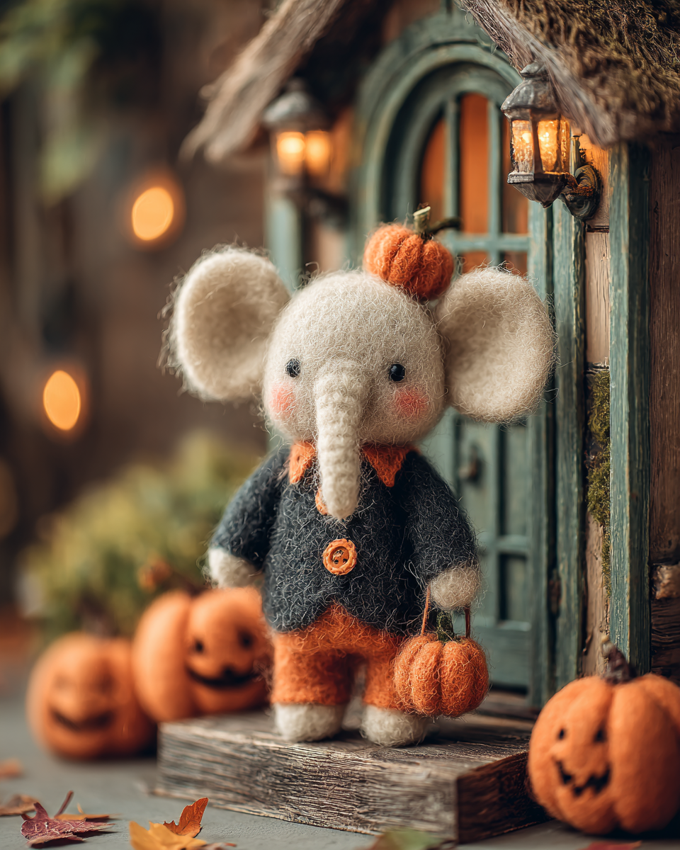 Tiny Halloween Felt Elephant Porch Scene