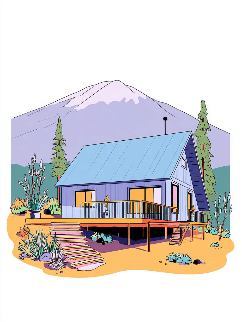 Clean Line Art Mountain Cabin Illustration