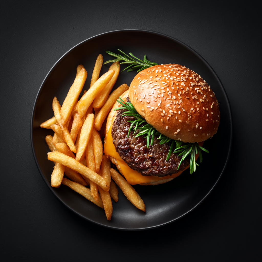 Cinematic Burger and Fries Flat Lay Photo