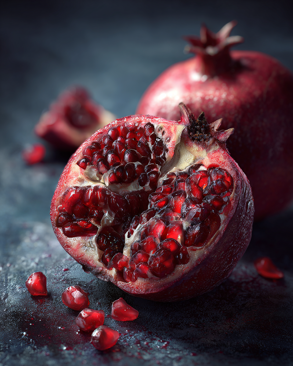 Hyperrealistic Pomegranate Split Open with Glistening Seeds Portrait