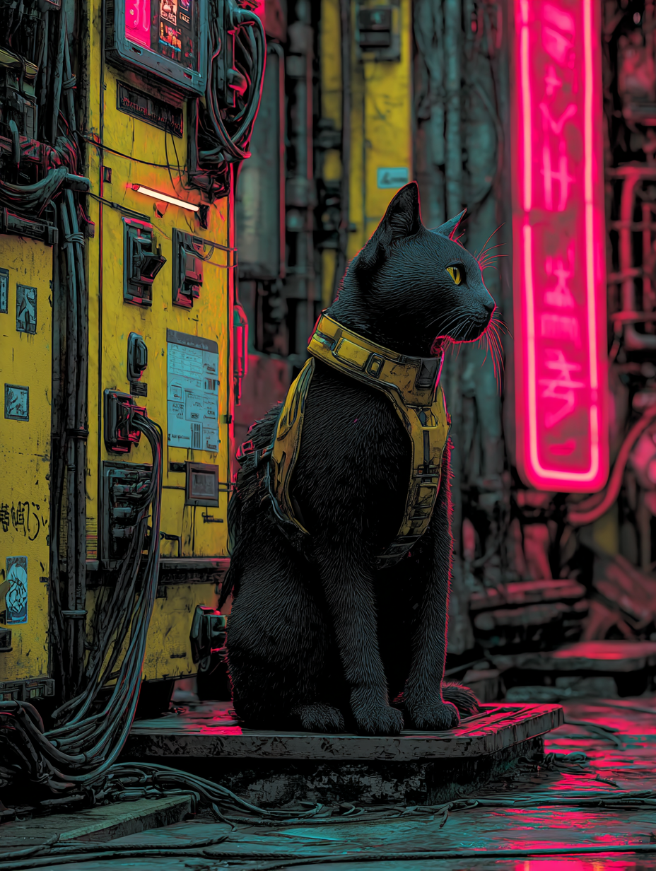 Gritty Cyberpunk Warrior Cat Scene
