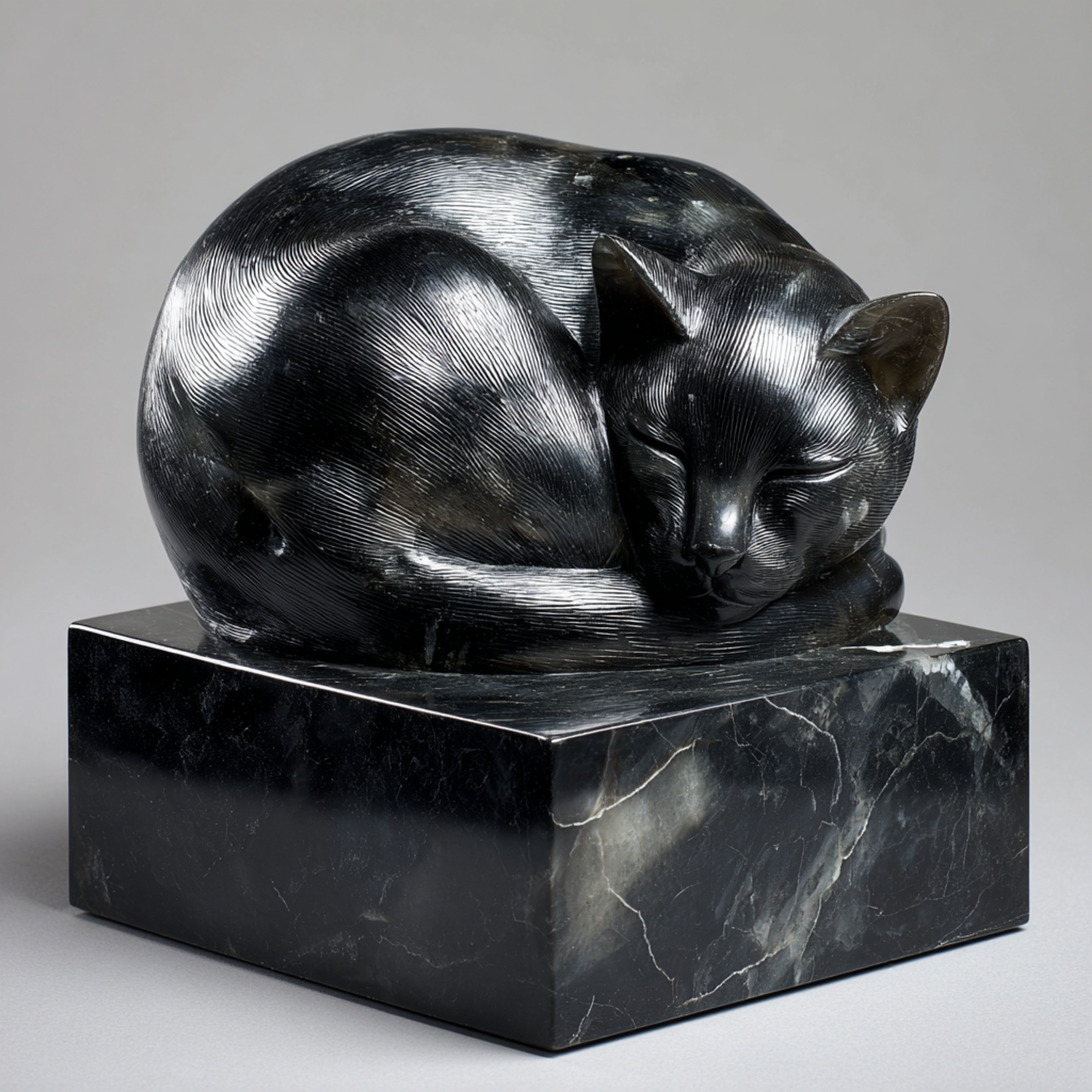 Hyperrealistic Carved Sleeping Cat Curled Up Sculpture