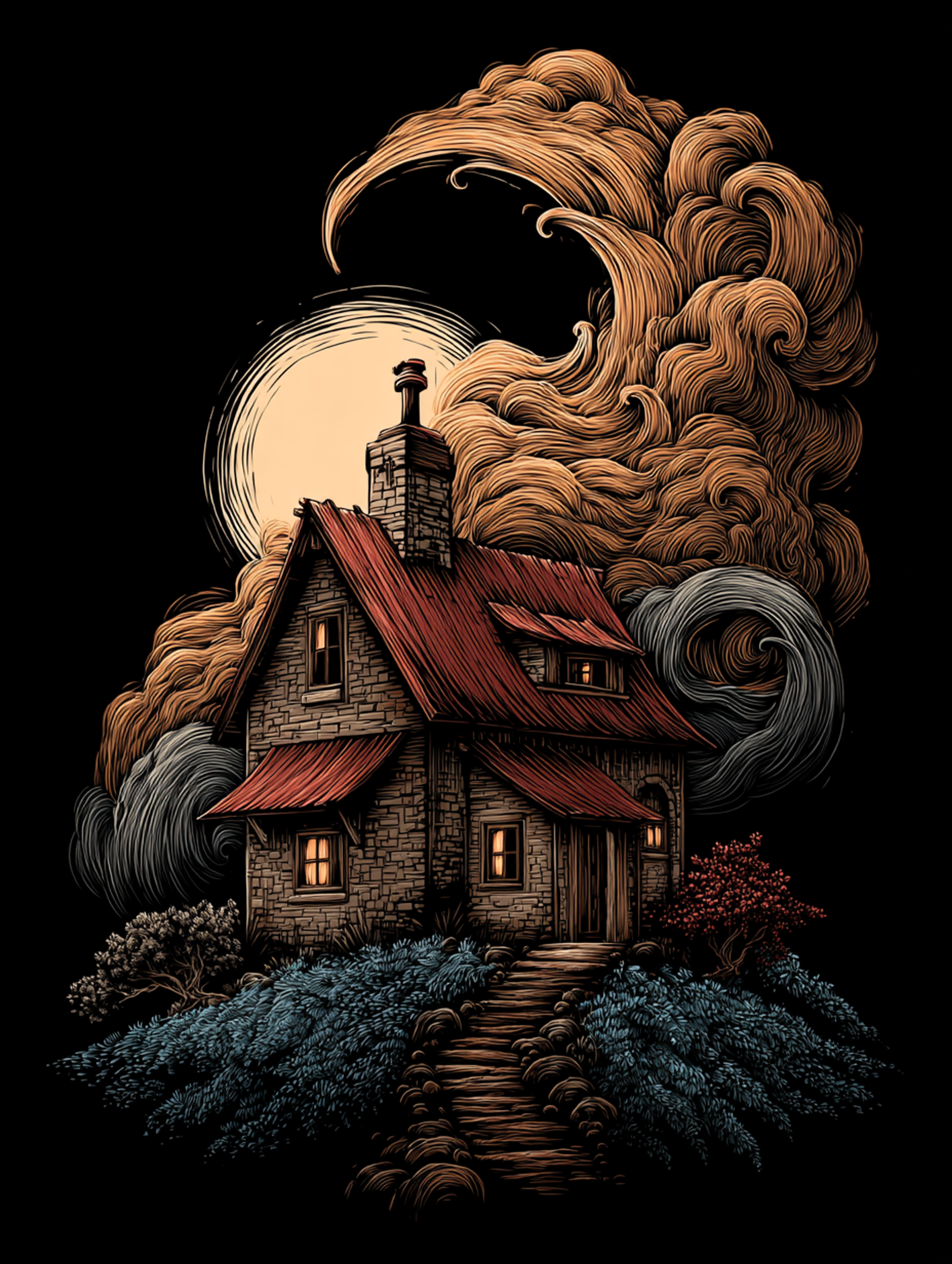 Dark Fantasy Linocut Cottage Illustration
