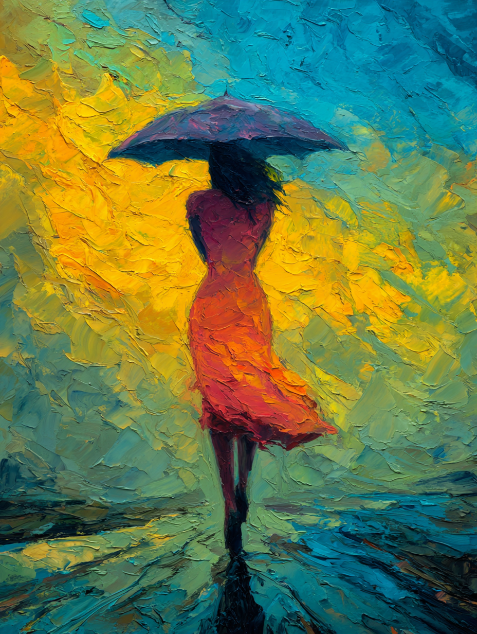 Vibrant Painterly Woman with Umbrella Painting