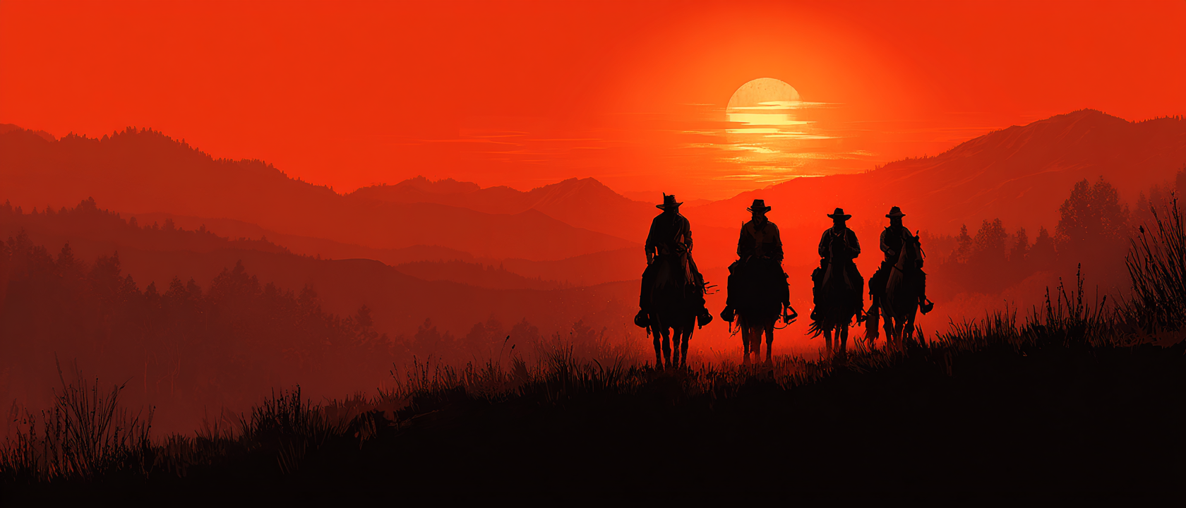 Modern Western Gang of Riders Silhouetted Against Film Still