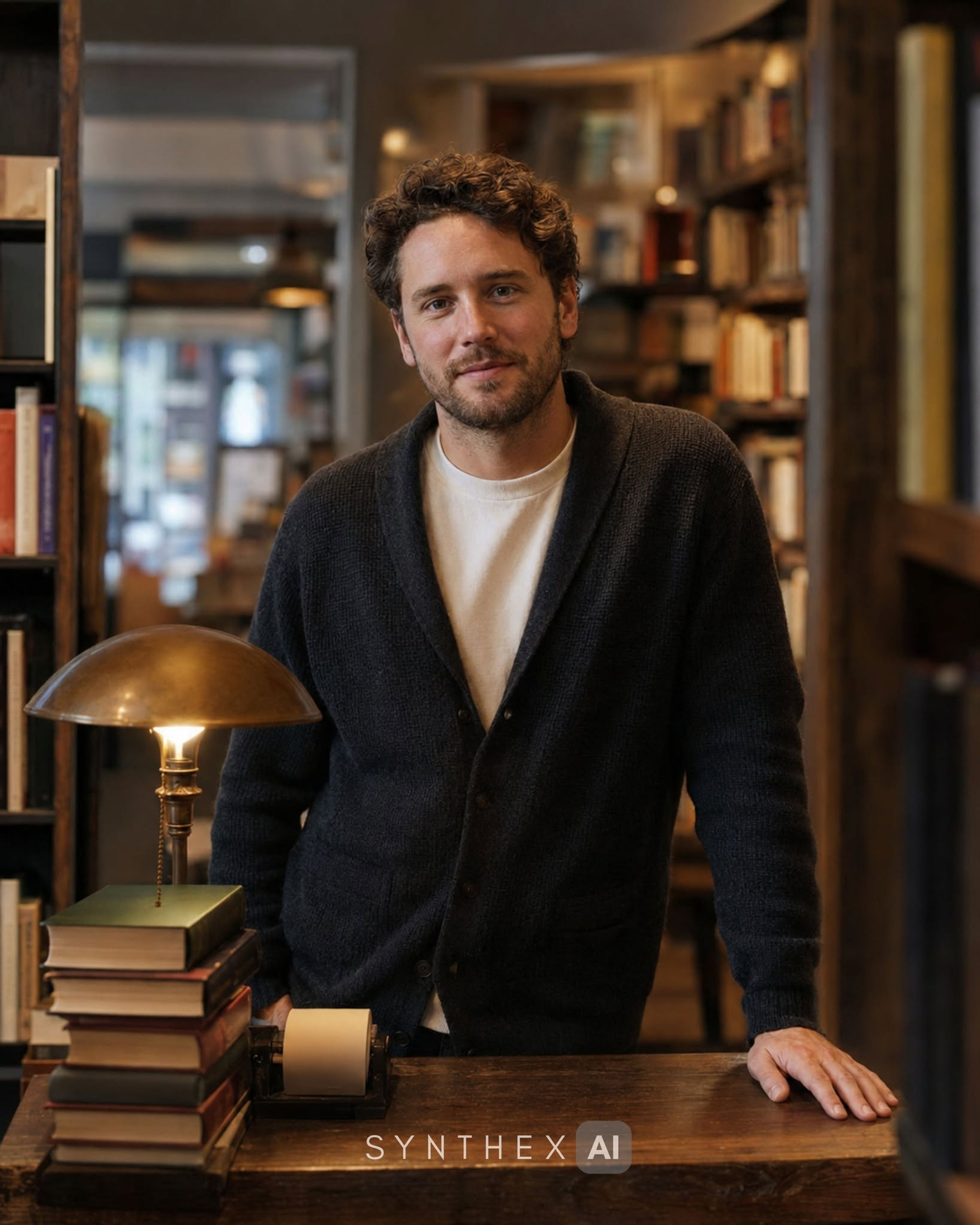 Generate Warm Bookshop Counter Portraits