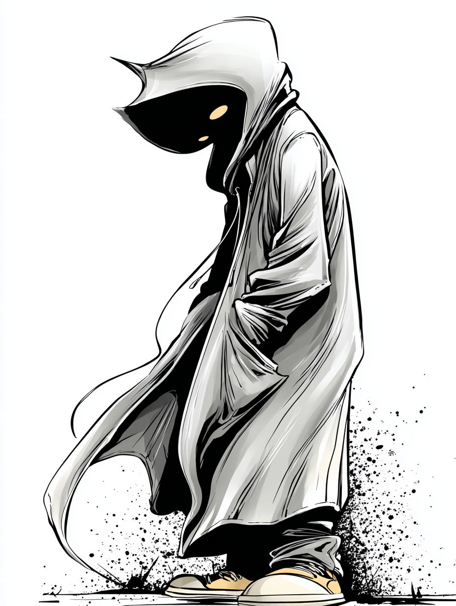 Gritty Black and White Ink Cloaked Figure Illustration