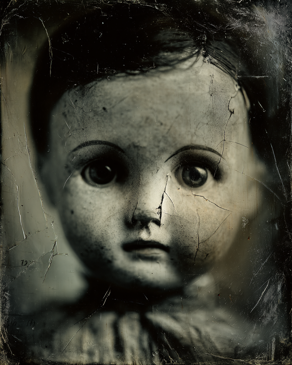 Haunting Tintype Unnerving Porcelain Doll with Cracked Photo