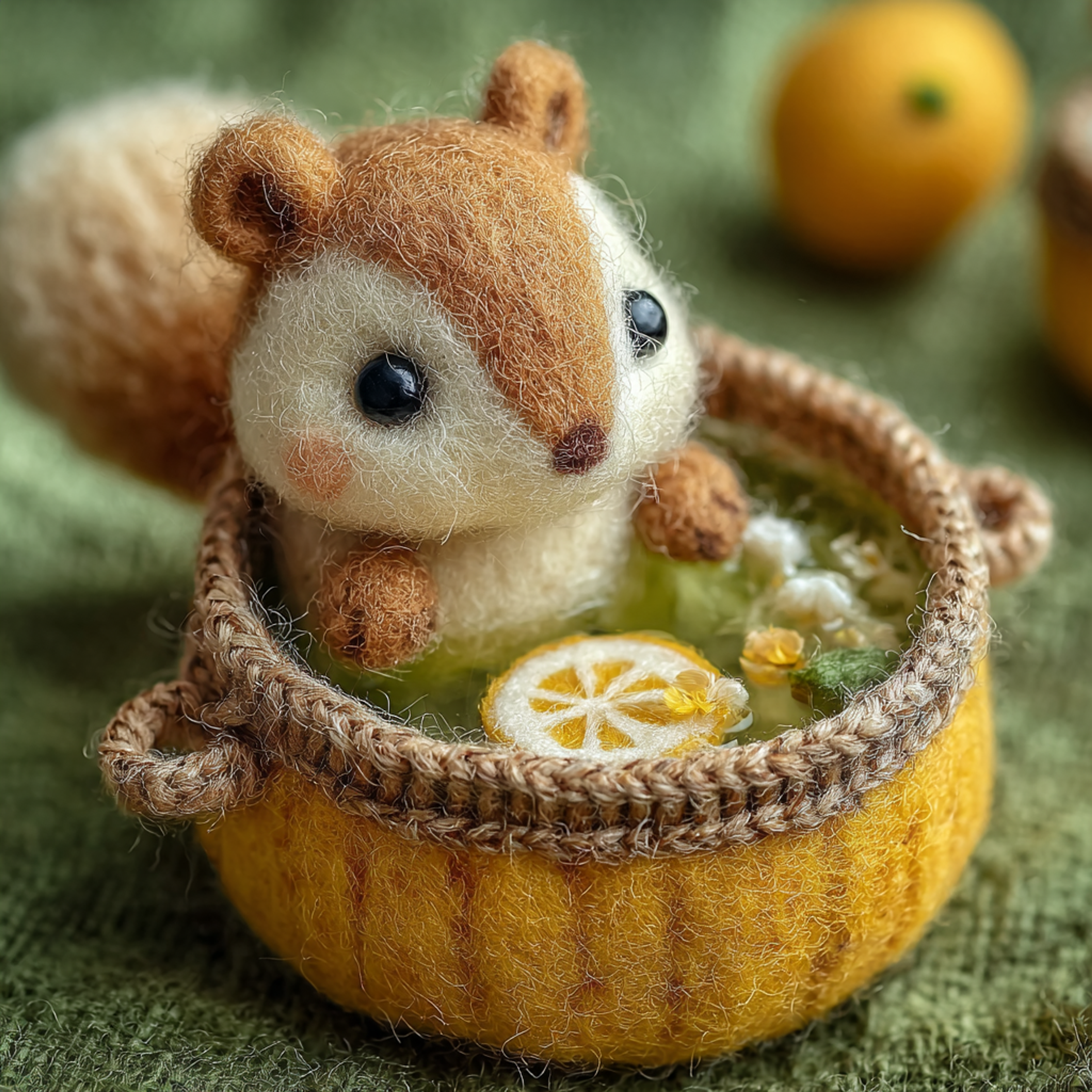 Felted Squirrel Tiny Yuzu Bath Diorama
