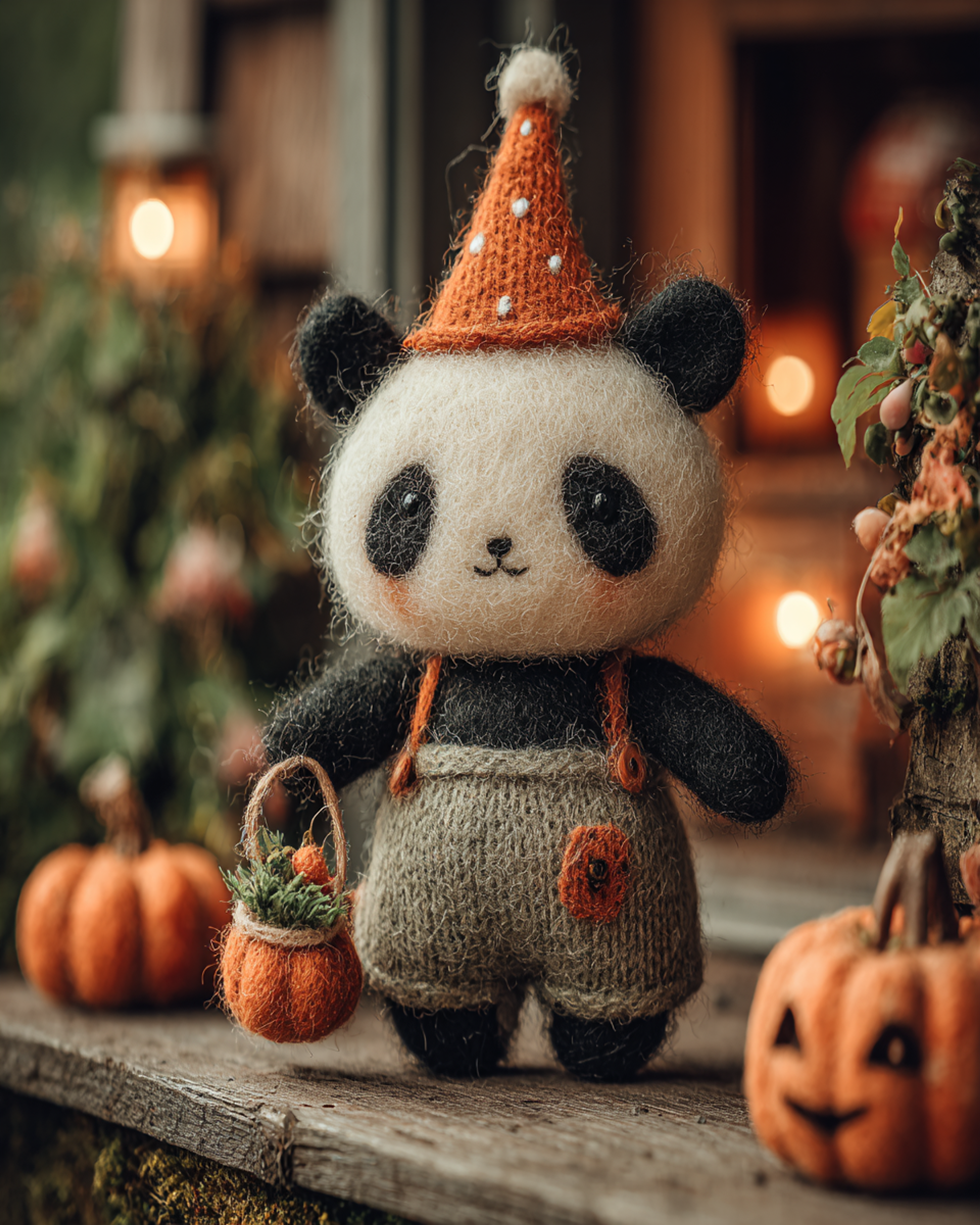Tiny Halloween Felt Panda Porch Scene
