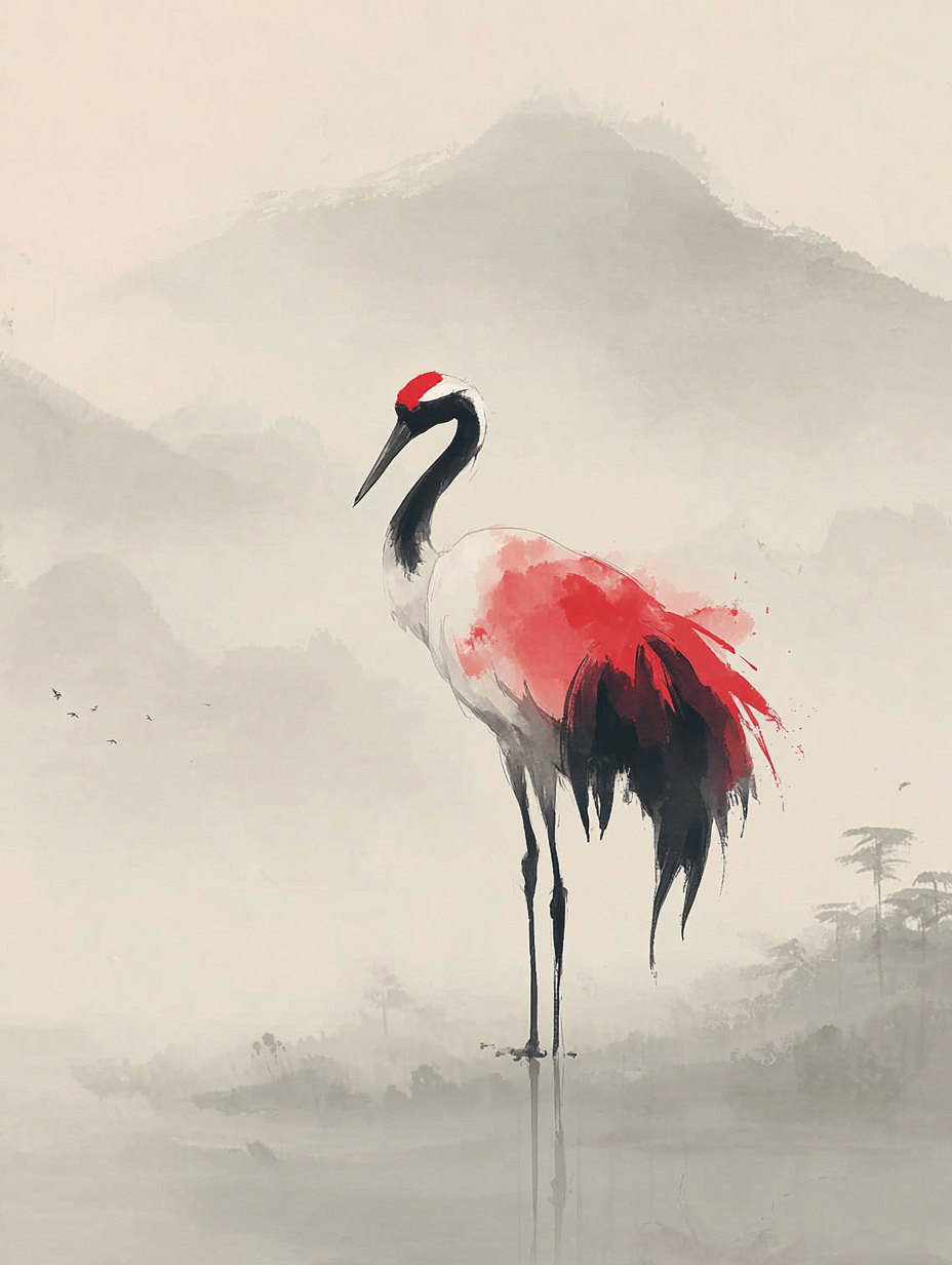 Asian Ink Wash Crane Painting