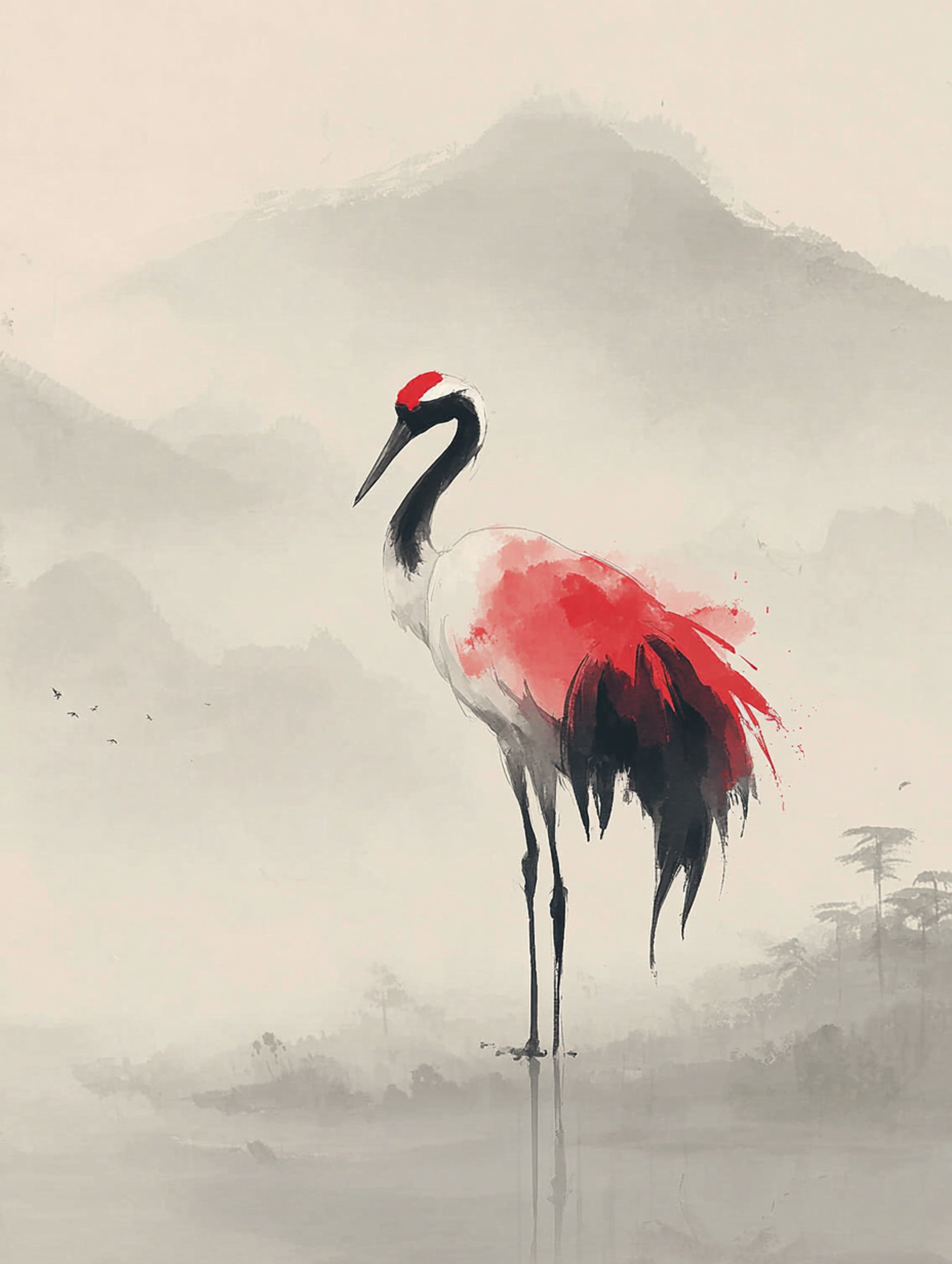 Asian Ink Wash Crane Painting
