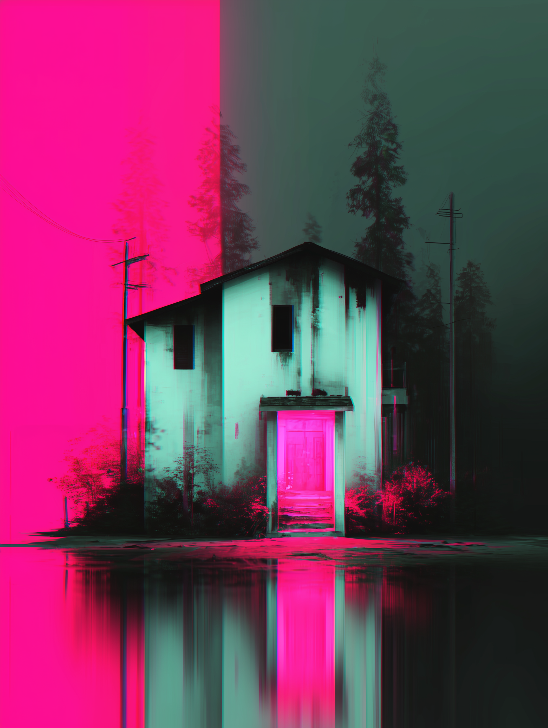 Neon Glitch Haunted Halloween House Artwork