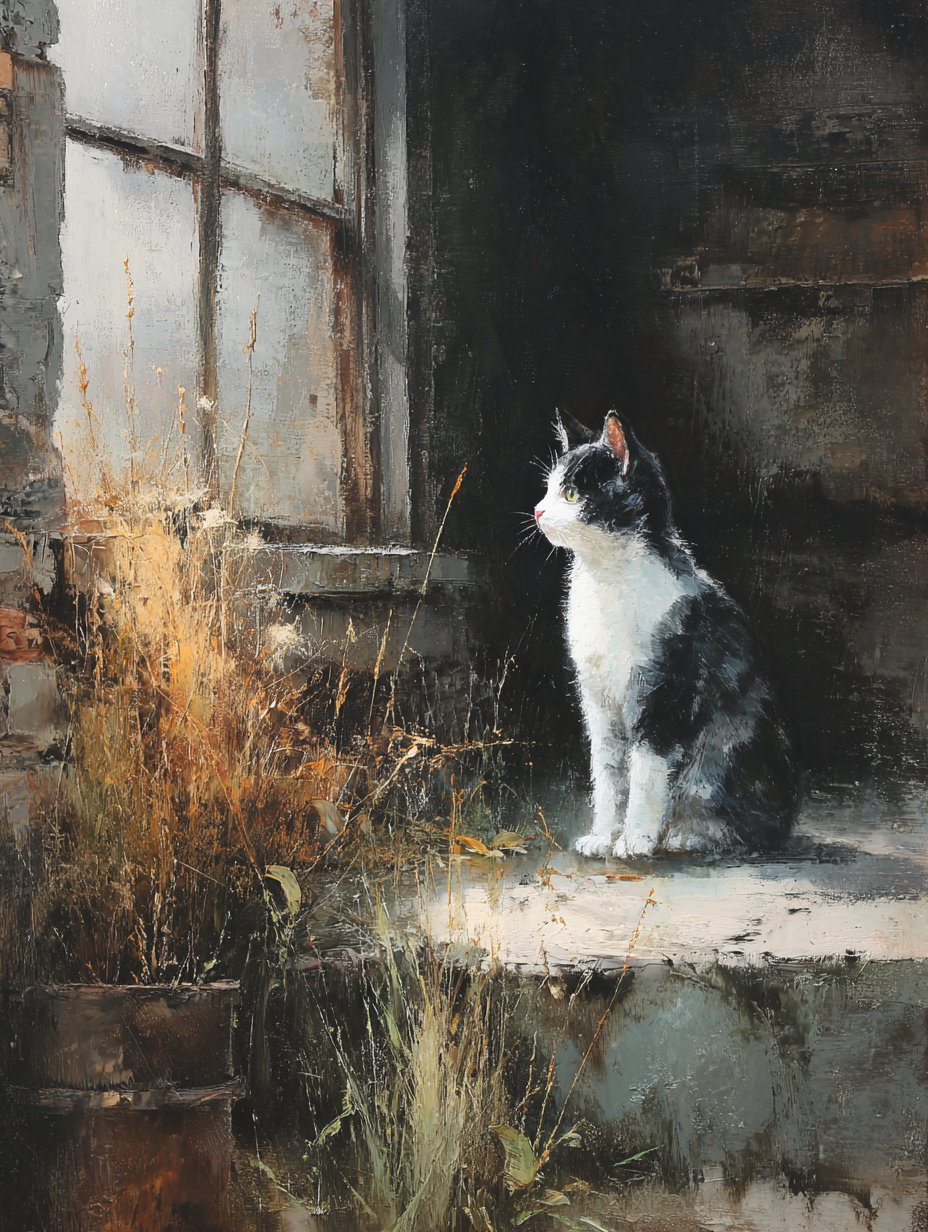 Contemporary Pastoral Oil Cat Painting