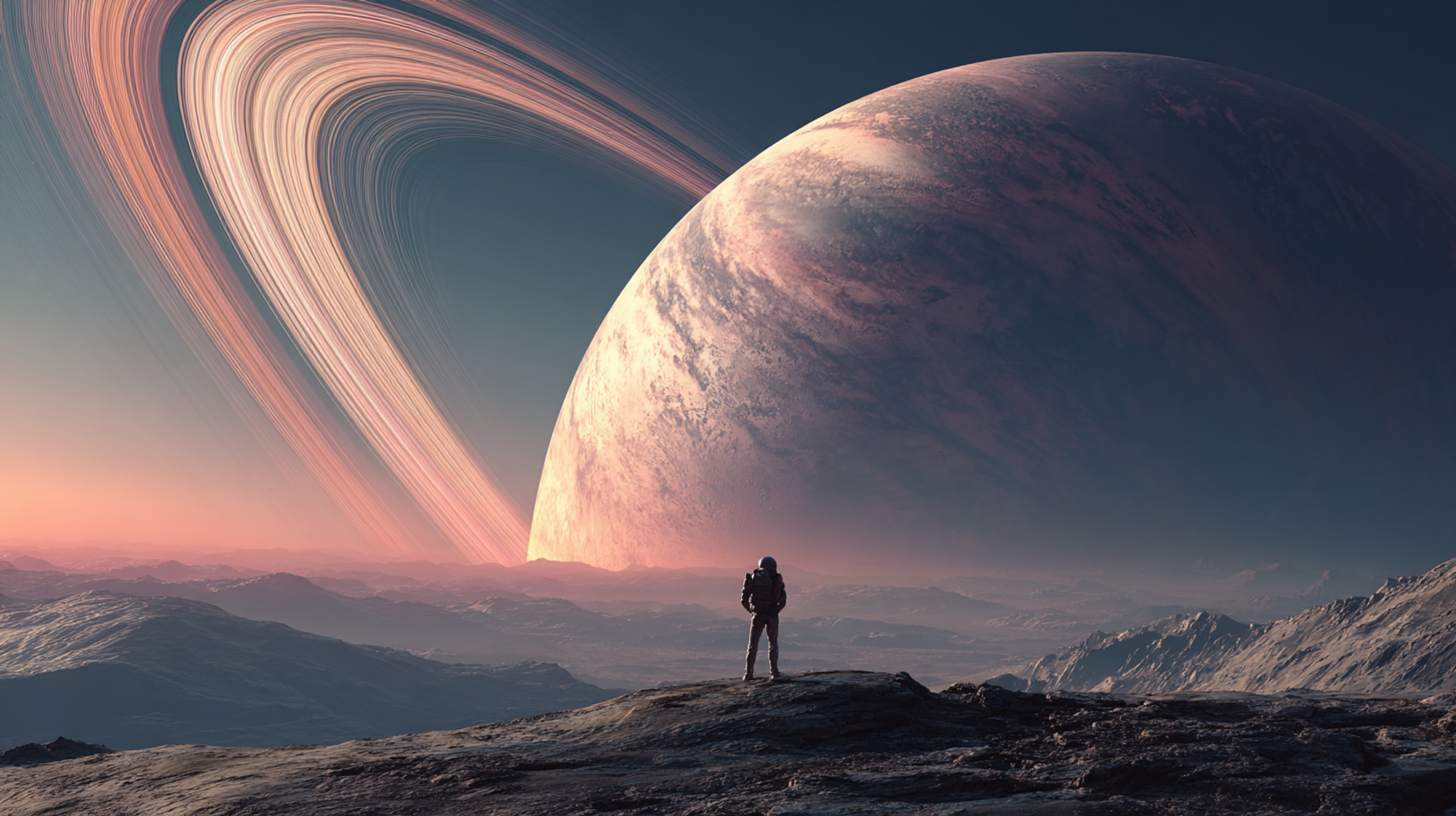 Lonely Astronaut Ringed Planet Scene