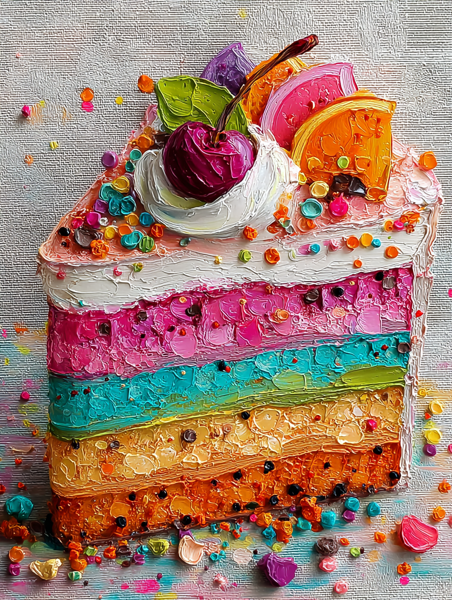 Vibrant Textured Impasto Oil Cake Painting