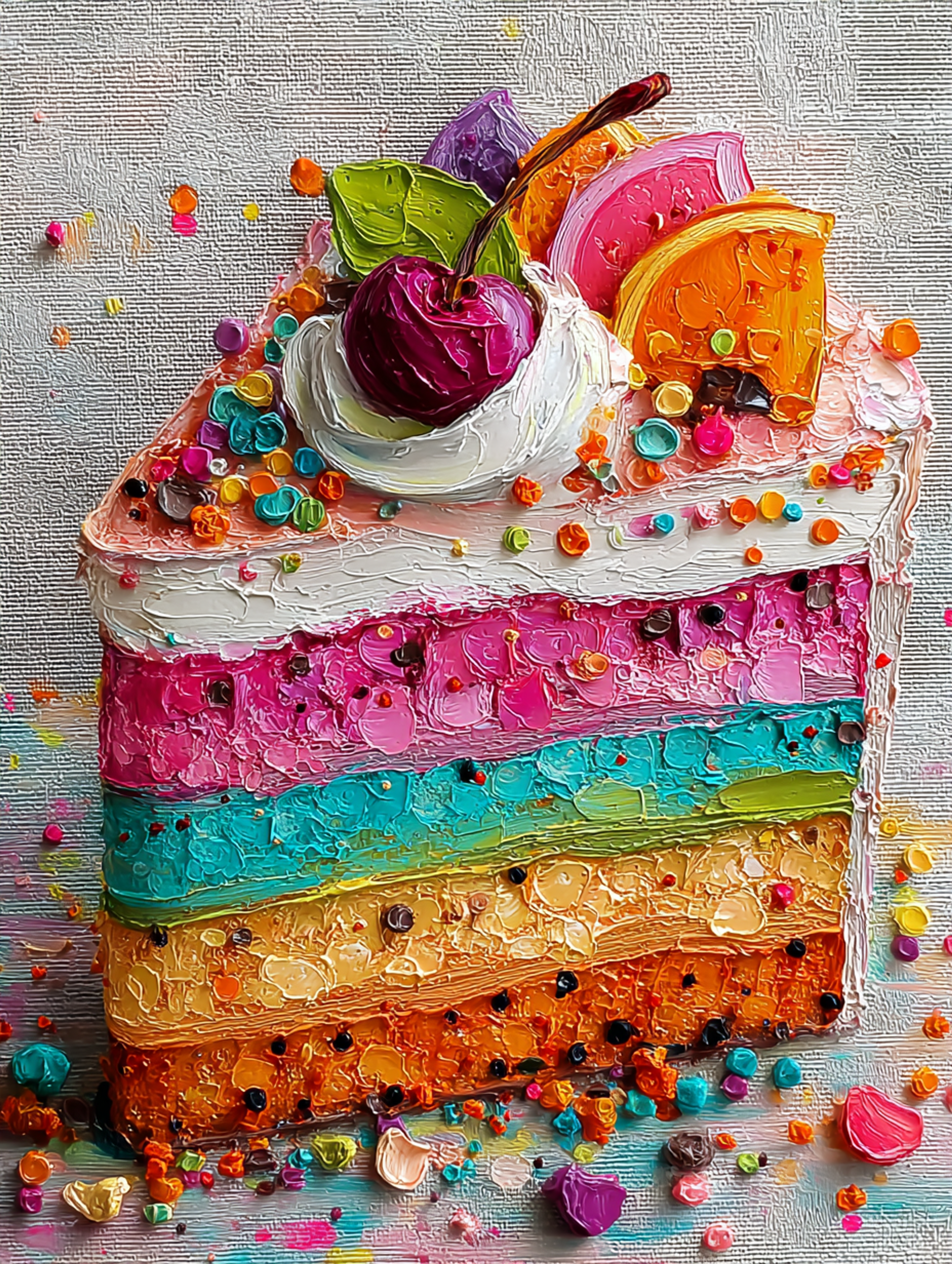 Vibrant Textured Impasto Oil Cake Painting