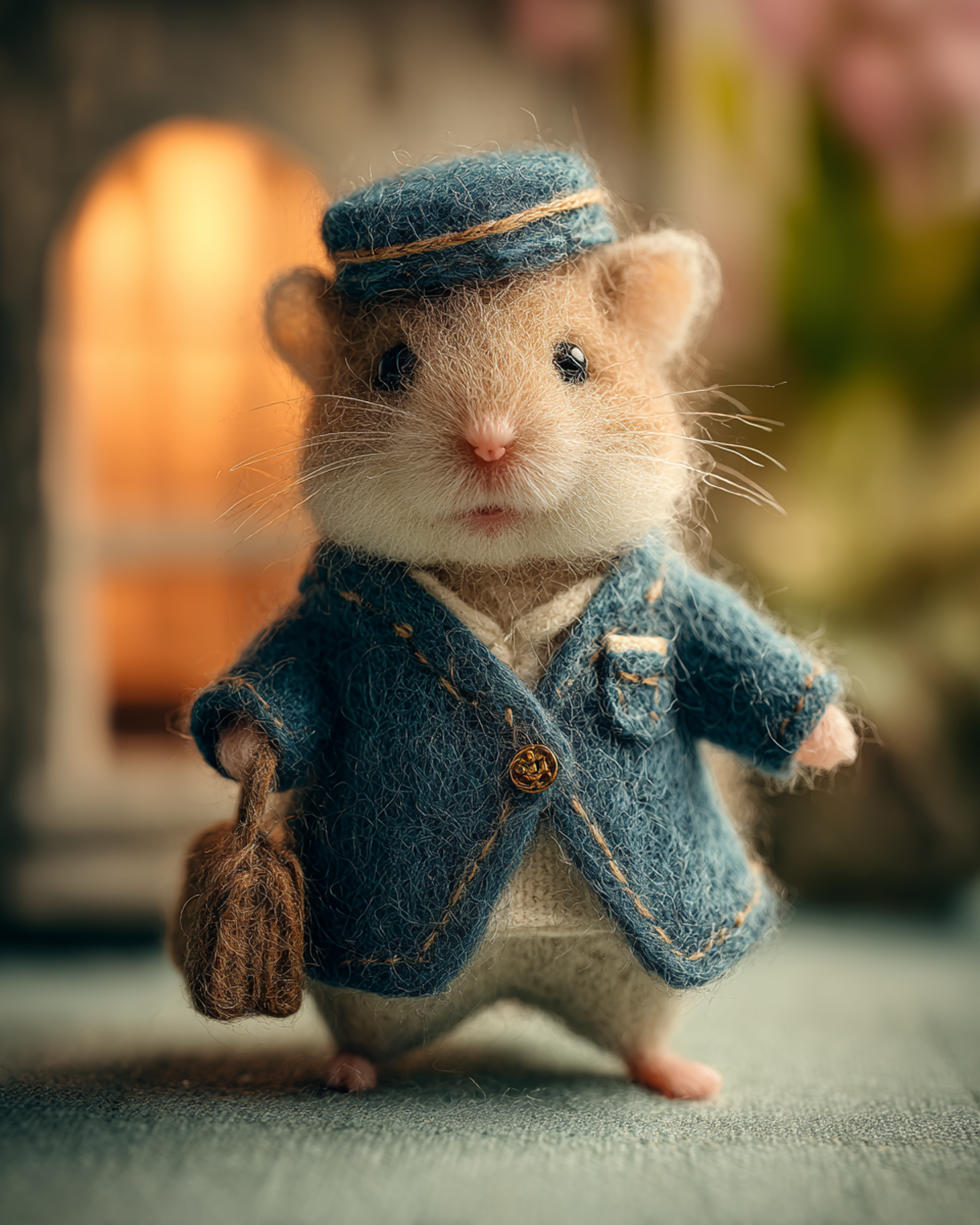 Felted Baby Hamster Housekeeper Diorama