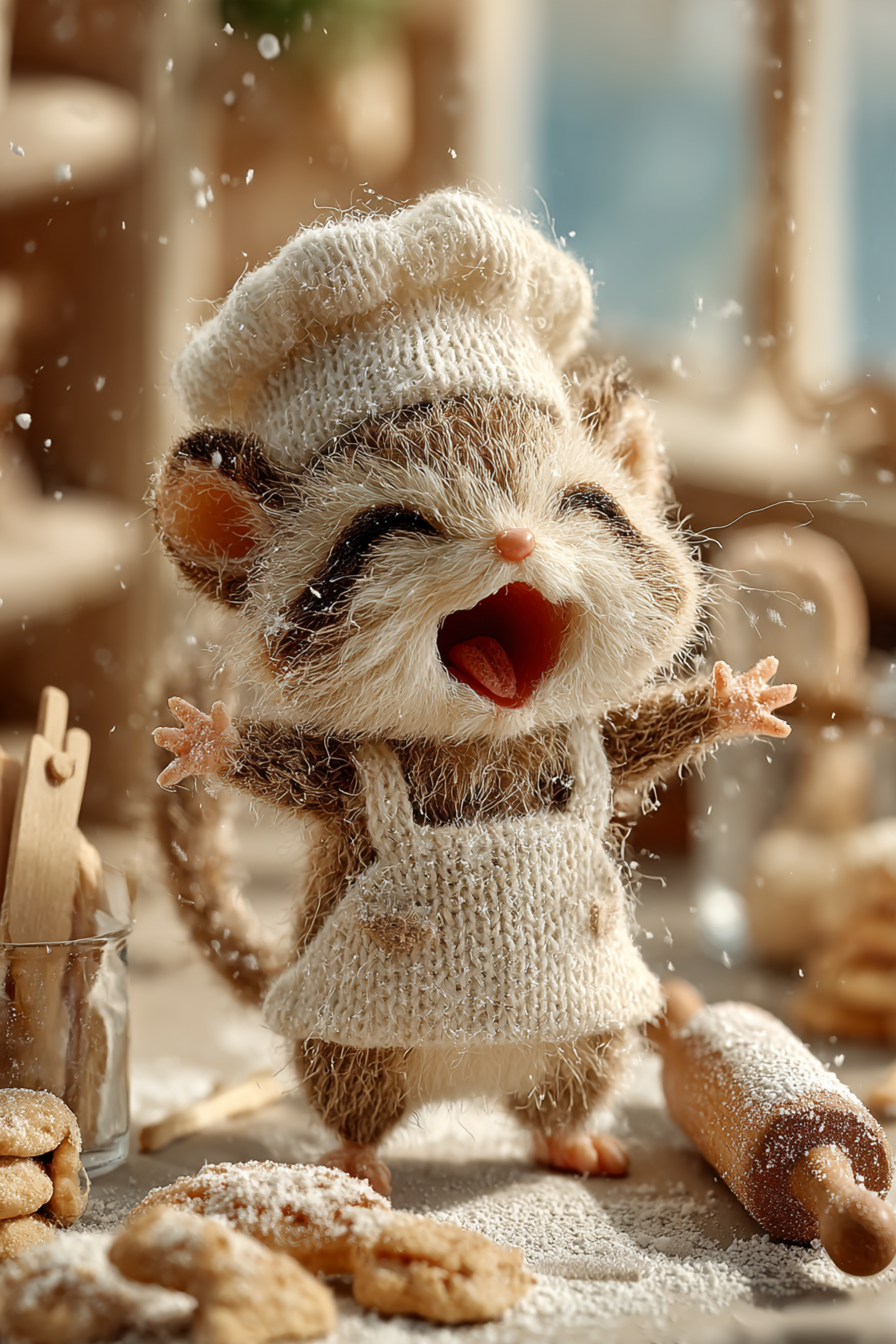 Tiny Wool Baby Raccoon Baking Scene
