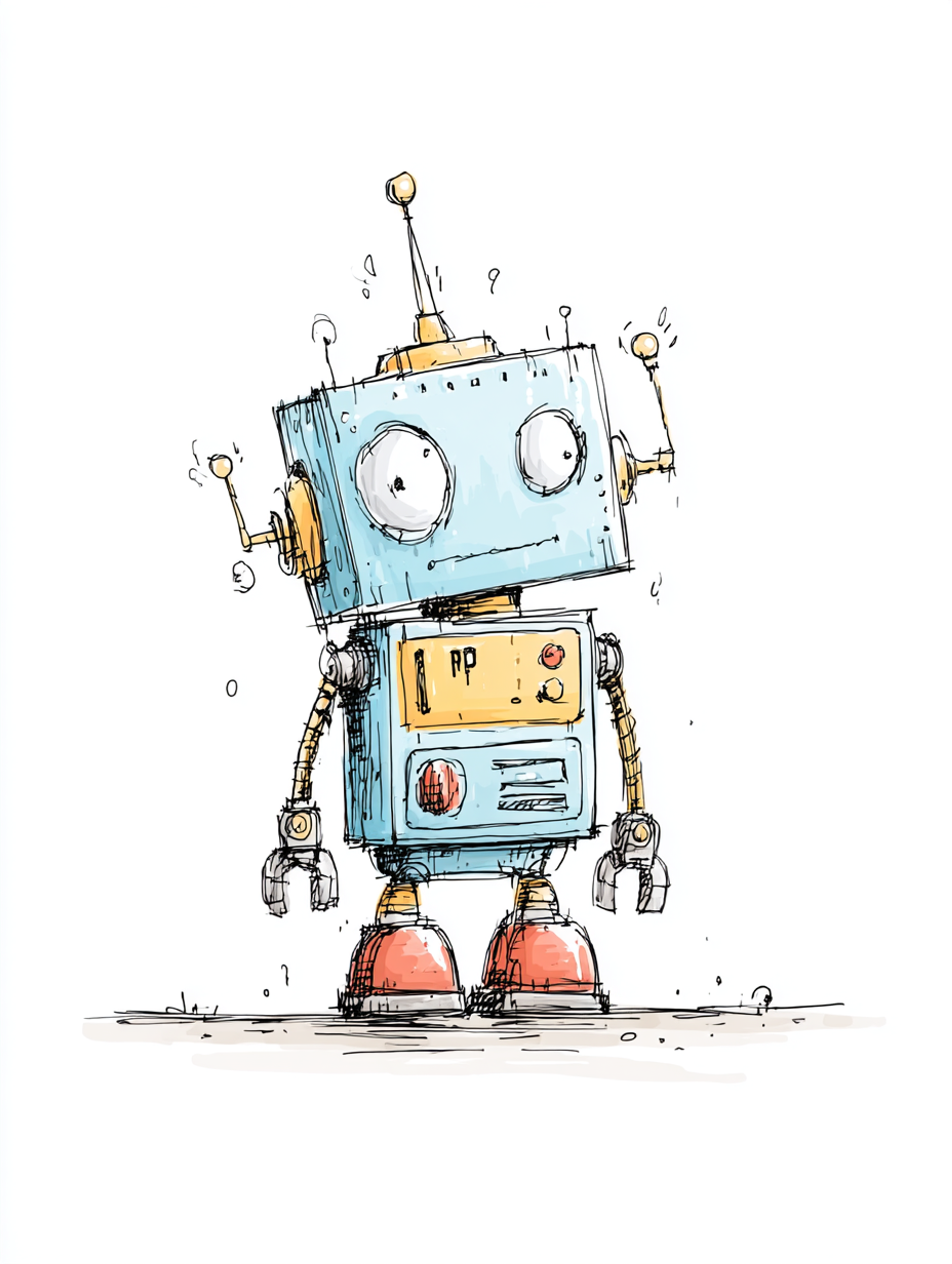 Watercolor and Ink Friendly Robot Sketch