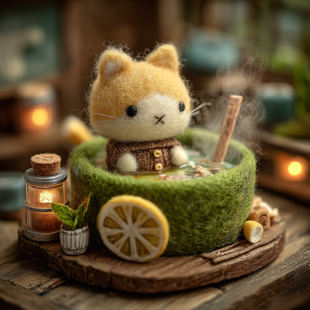 Felted Kitten Tiny Yuzu Bath Diorama