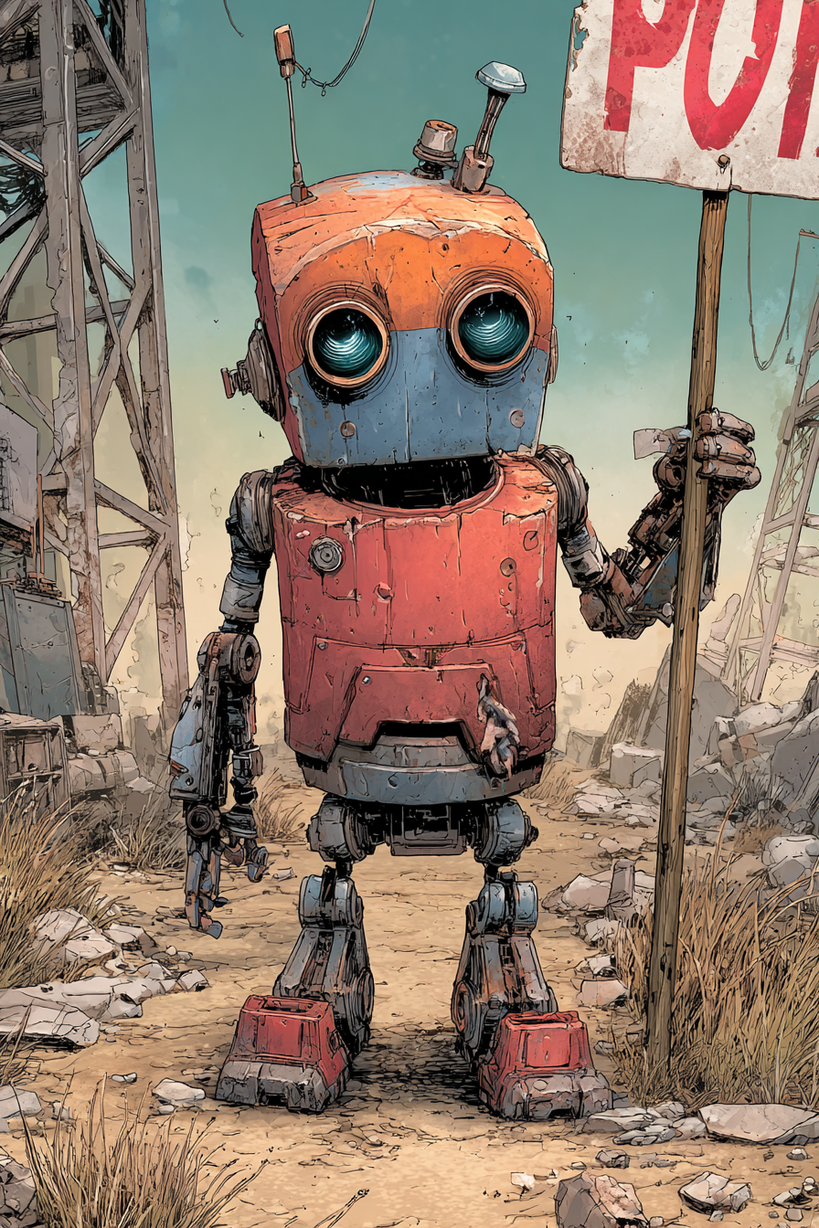 Borderlands Comic Style Busted Robot Holding Spray-painted Sign