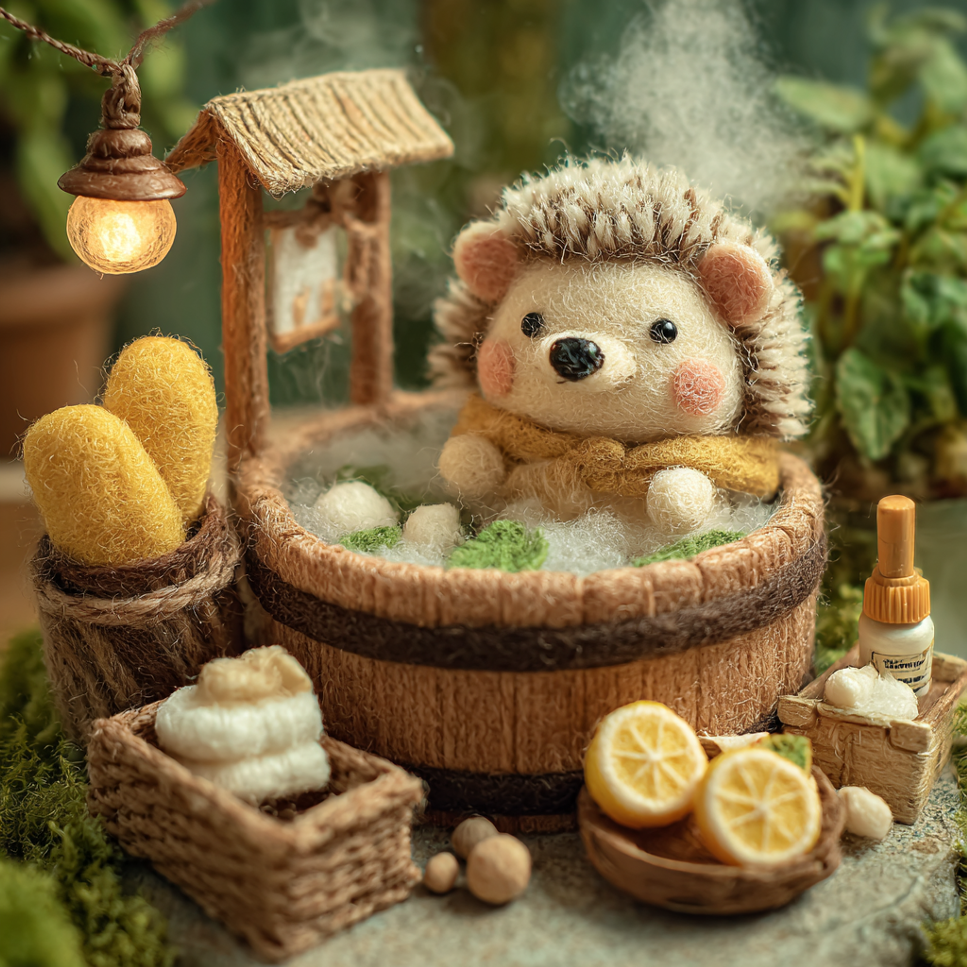 Felted Hedgehog Tiny Yuzu Bath Diorama