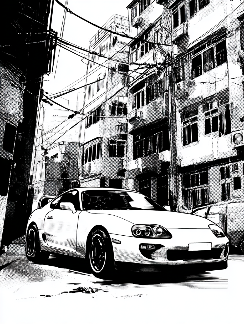 High-Contrast Manga Car Illustration