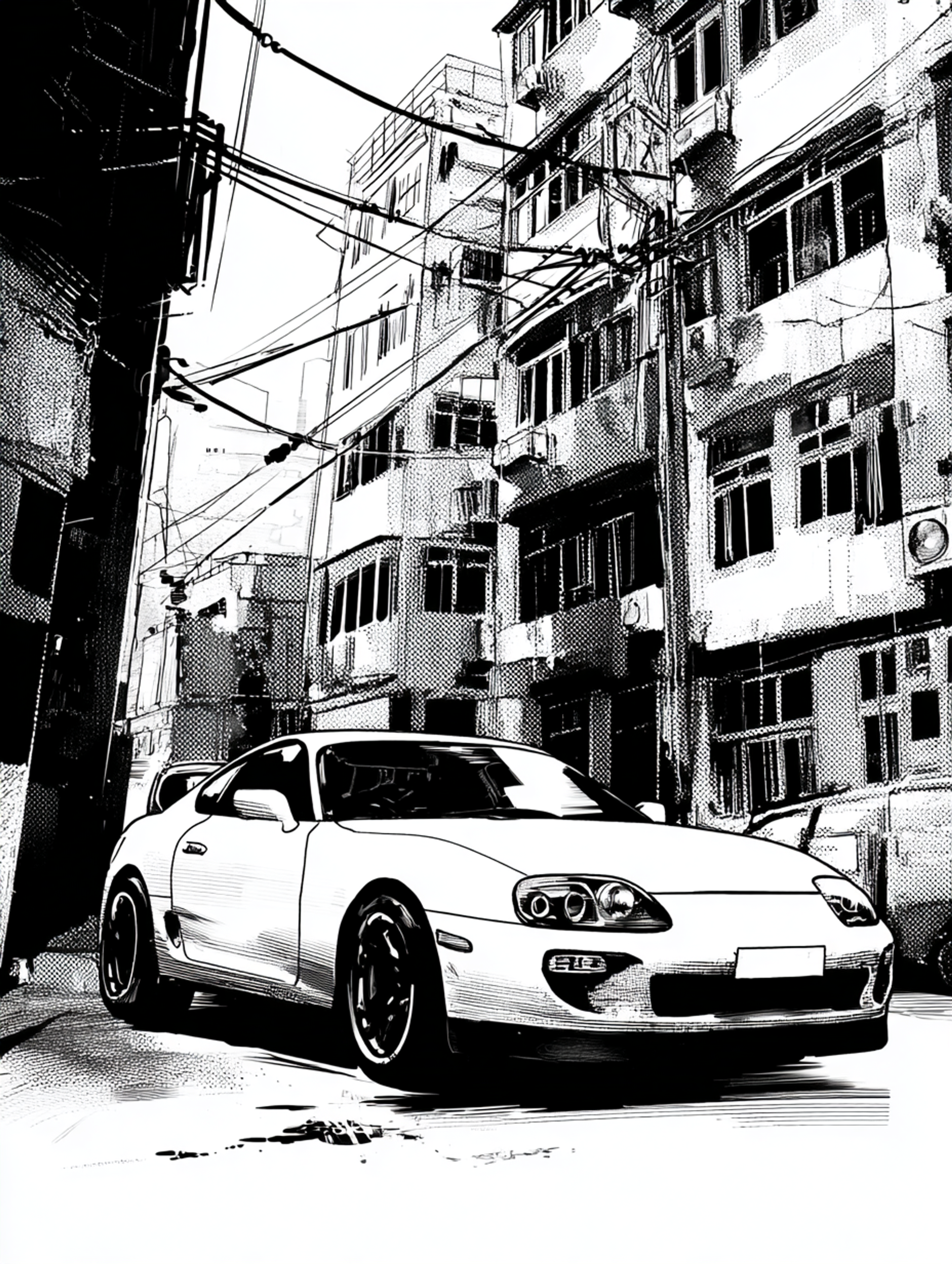 High-Contrast Manga Car Illustration