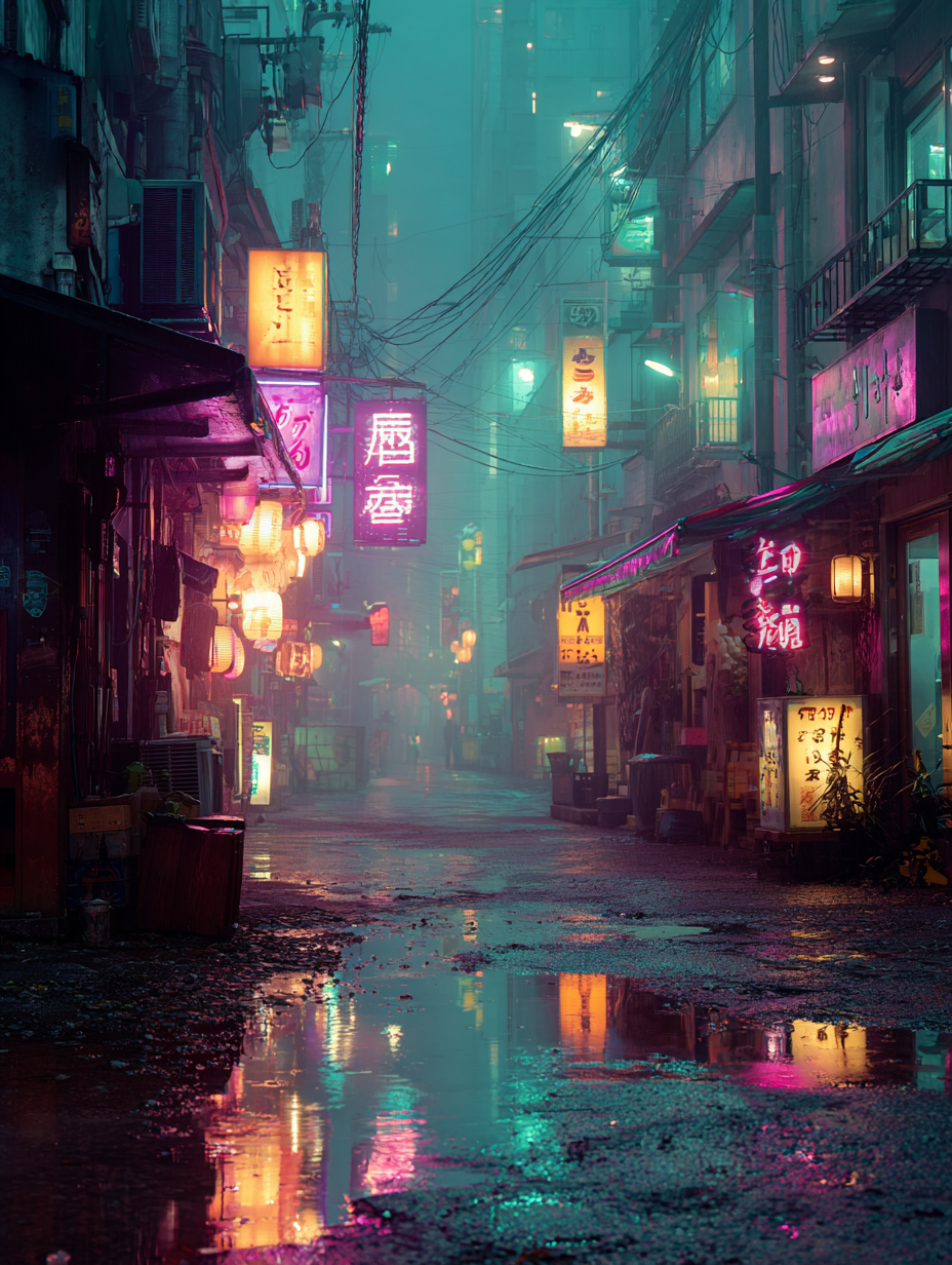 Cinematic Cyberpunk Photography Neon-lit Alleyway with Puddles Cables