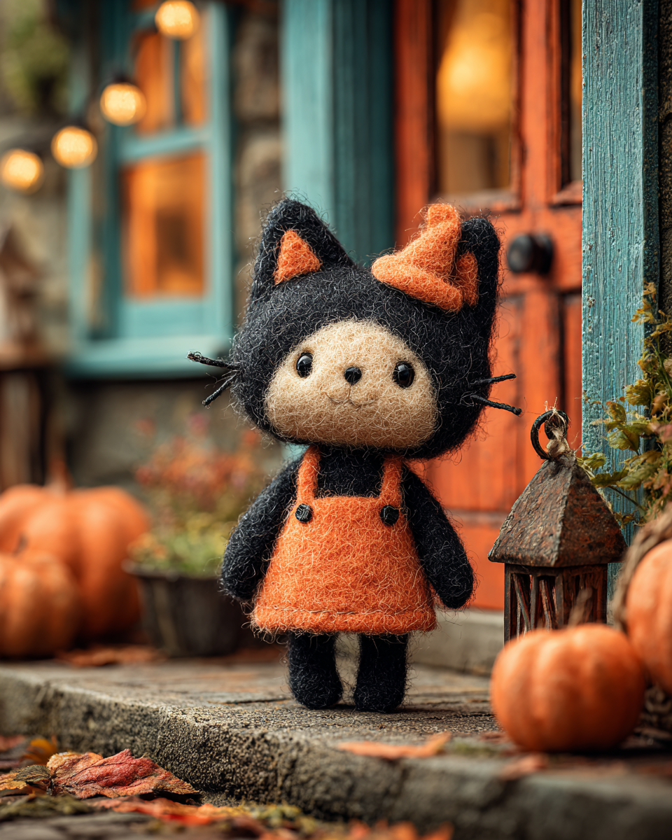 Tiny Halloween Felt Cat Porch Scene