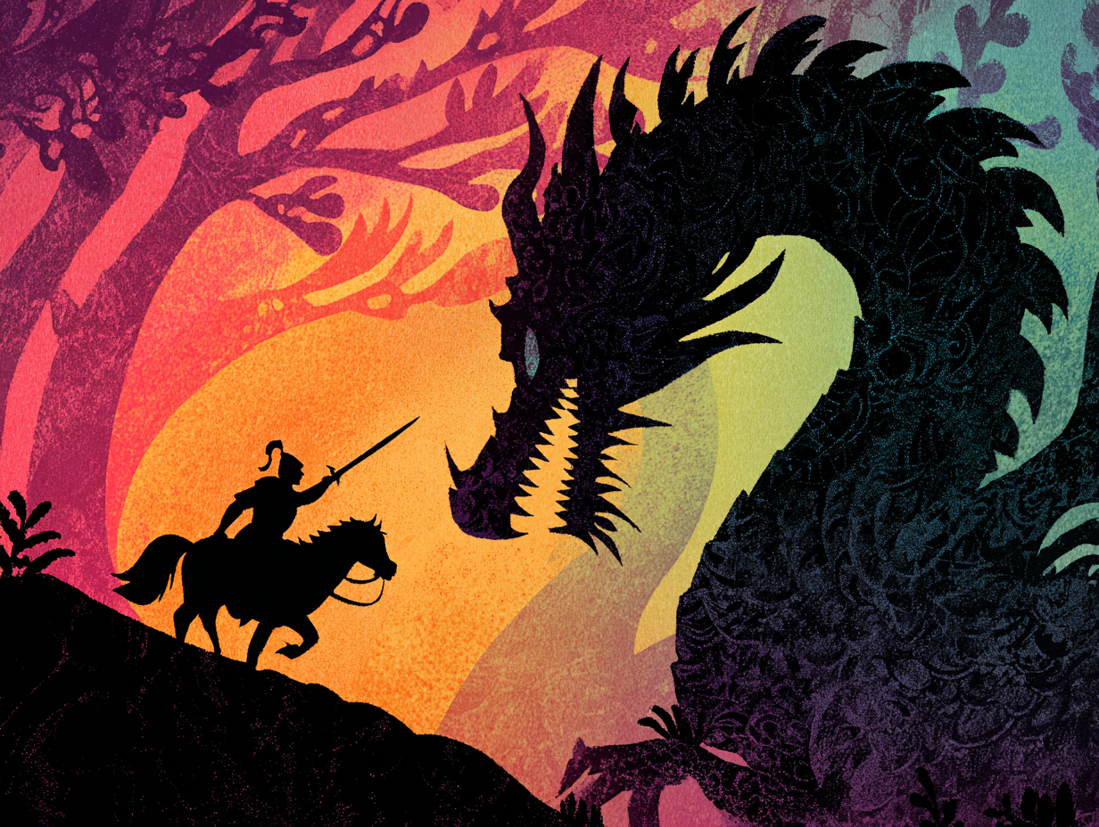 Silhouette Knight Confronting Dragon Outside Its Illustration