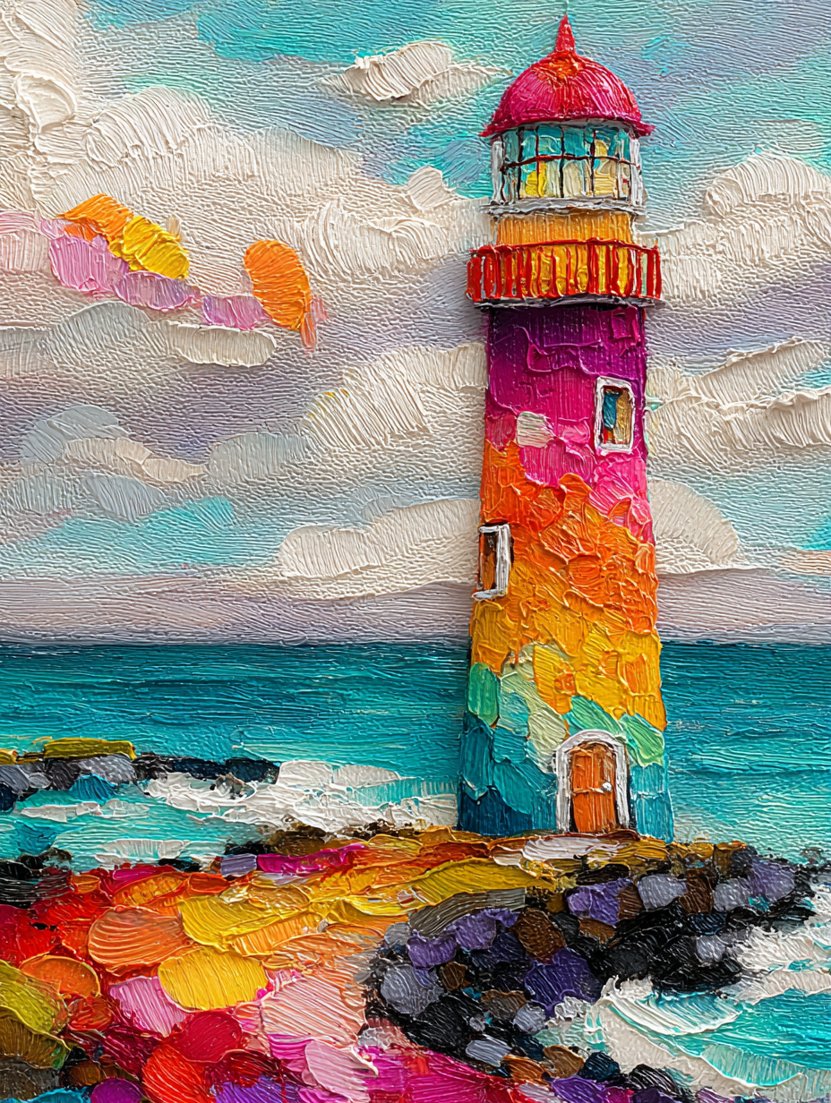 Vibrant Textured Impasto Oil Lighthouse Painting