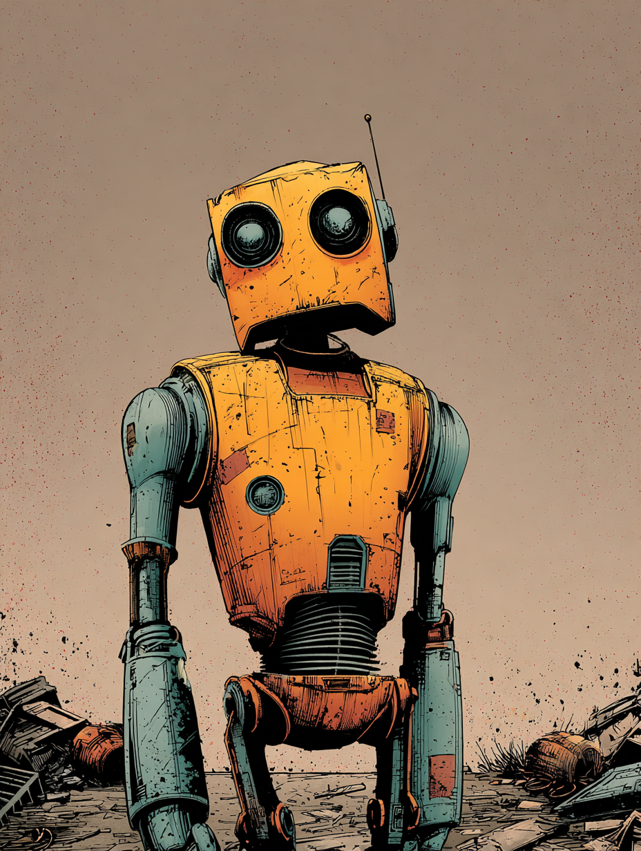 Gritty Comic Book Rusted Robot in a Junkyard Illustration