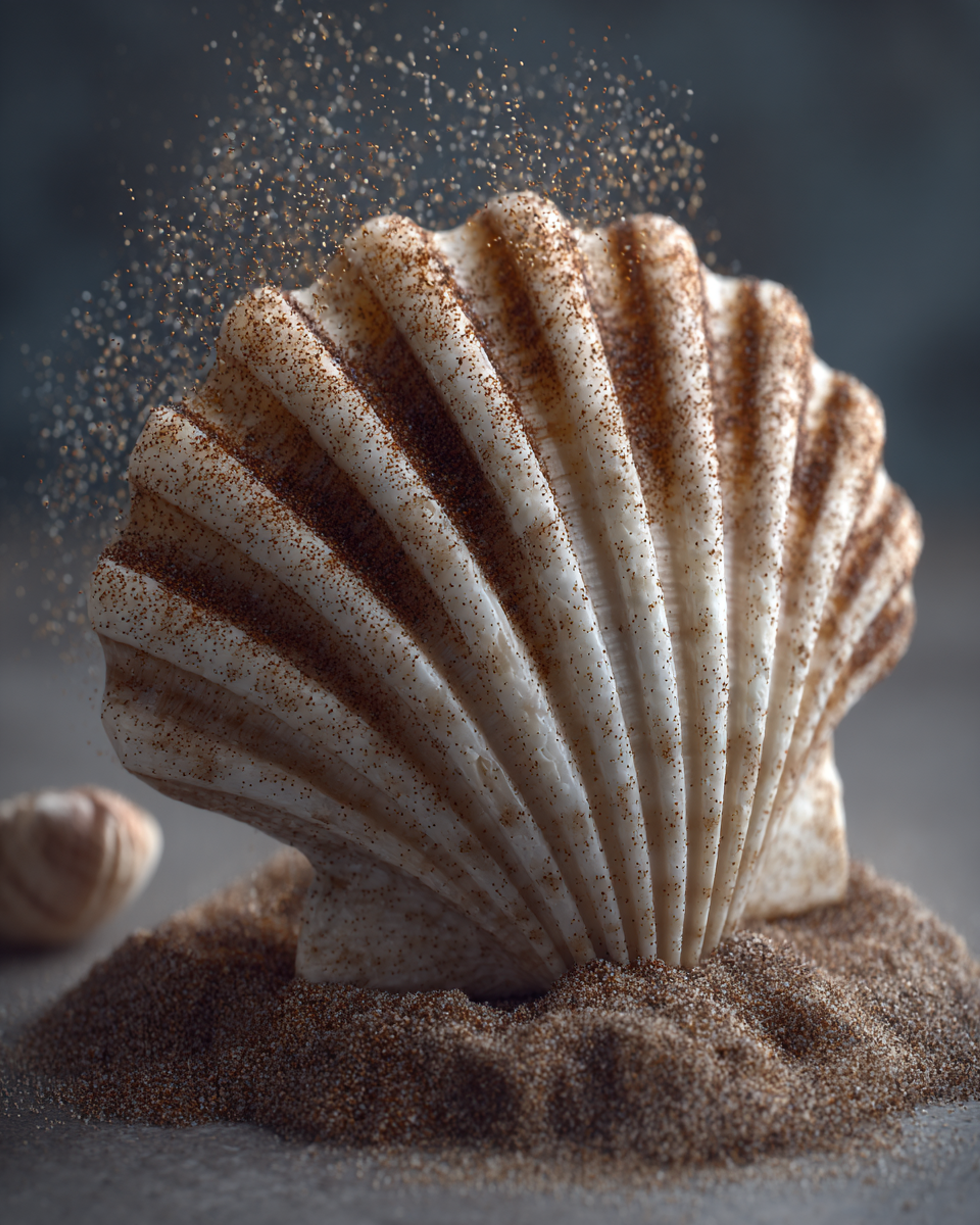 Hyperrealistic Seashell Dusted with Sand Grains Macro Portrait