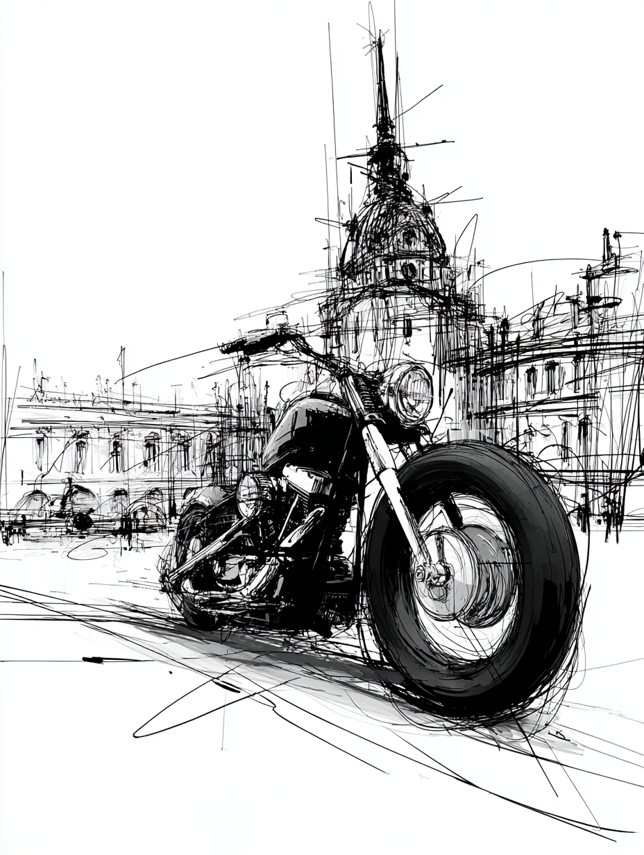 Expressive Black Ink Classic Motorcycle Sketch